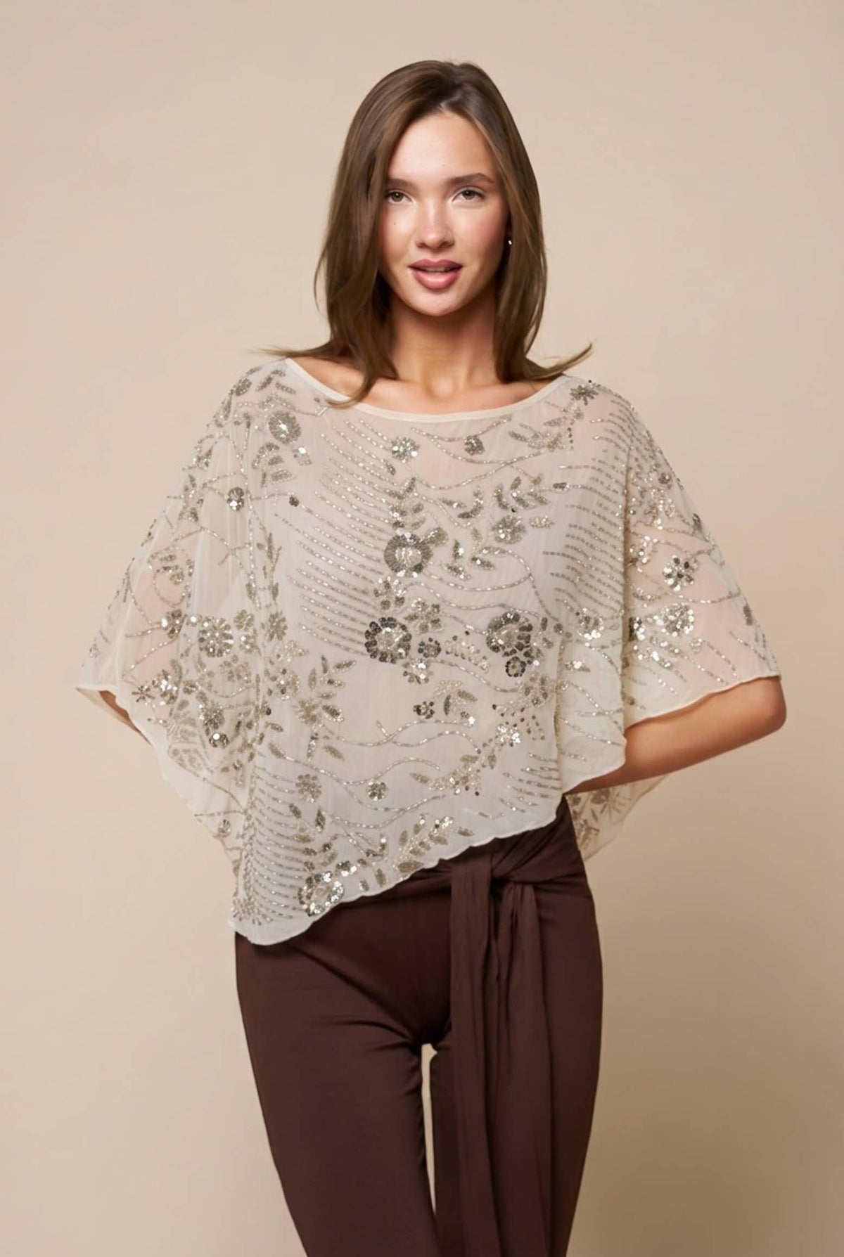 Blue Blush - Floral Sequin Sheer Asymmetrical Poncho Top