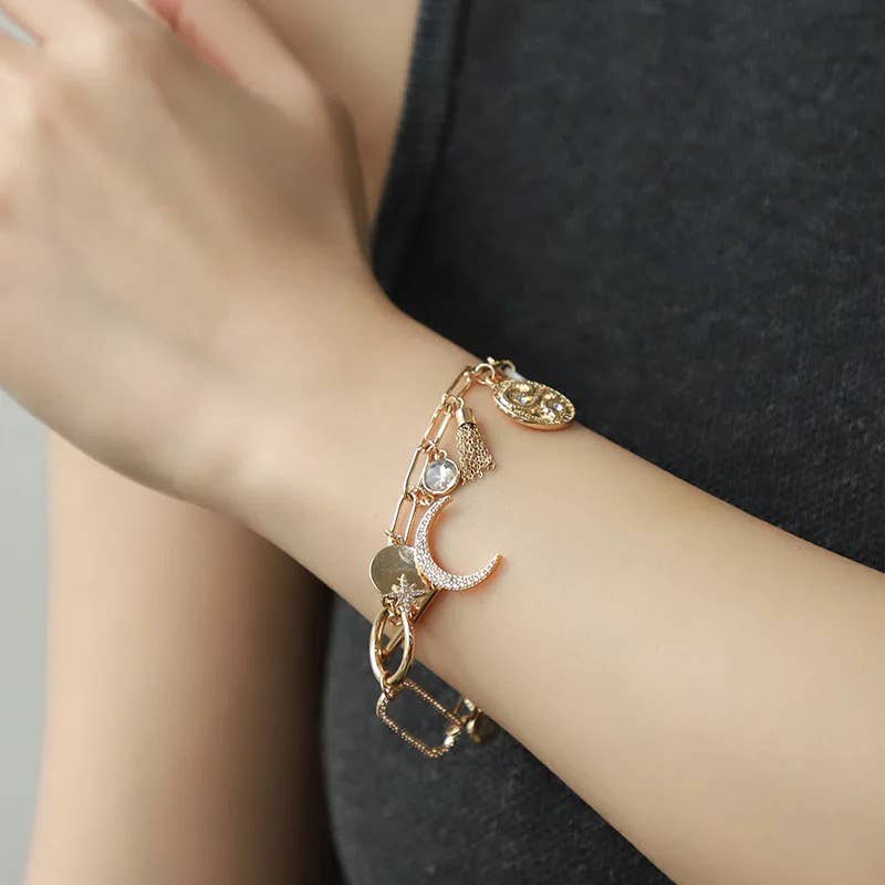 HoopLa - Celestial Coin and Charm Necklace Moon and Sun Charms