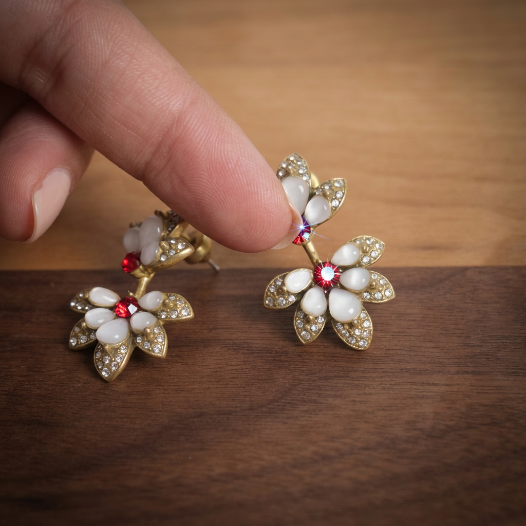 GirlyPirateCo - Vintage Gold Plated Shell&Red Crystal Flower Dangle Earrings