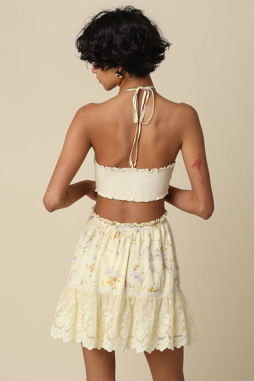 Olivaceous - Evelyn Butter Floral Halter Mini Dress