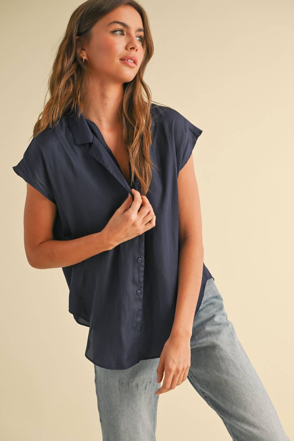 MIOU MUSE BUTTON DOWN CAP SLEEVE SHIRTS