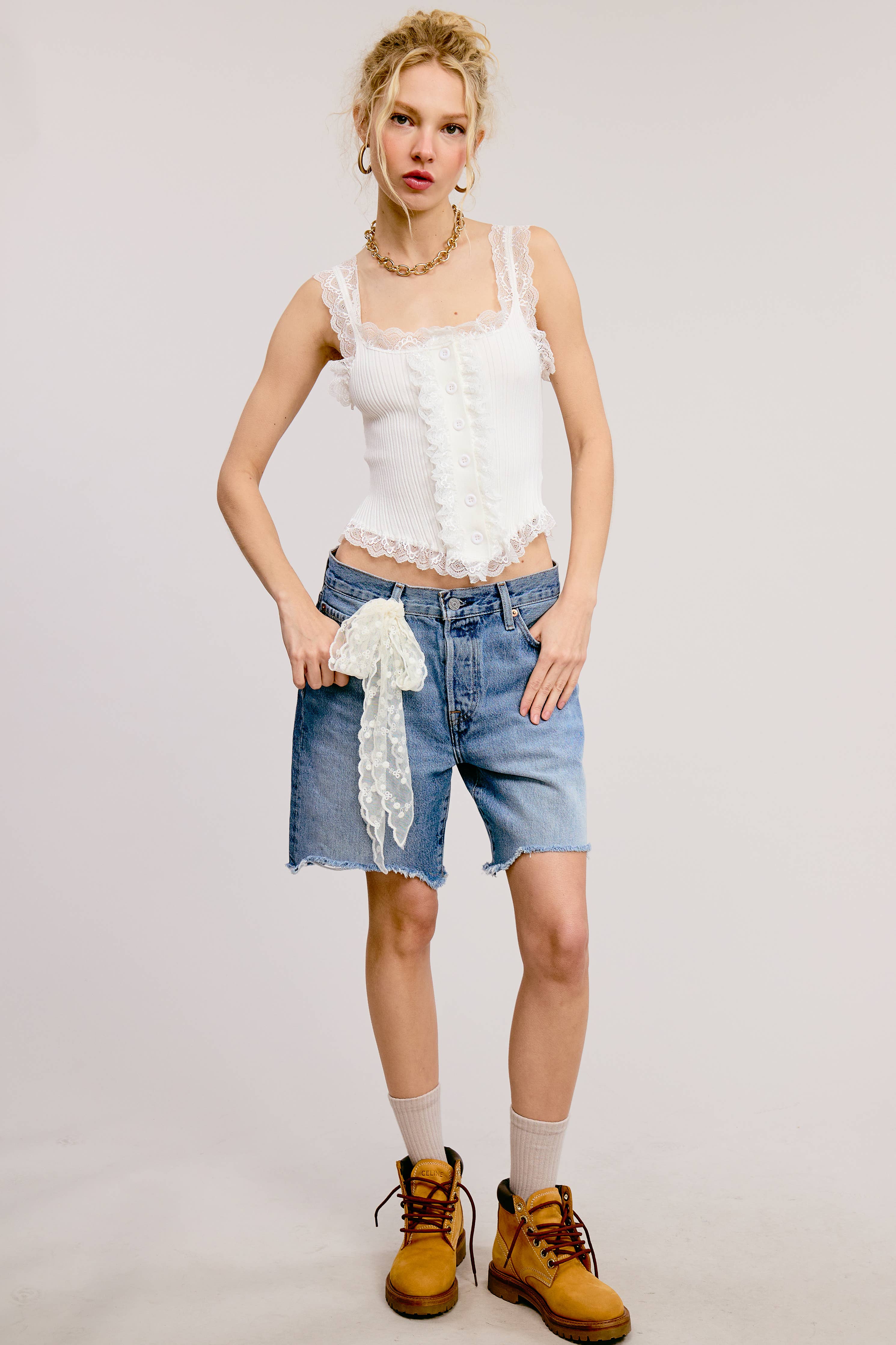 Mimosa - Scalloped Lace Trim Corset-Bodice Knit Tank Top