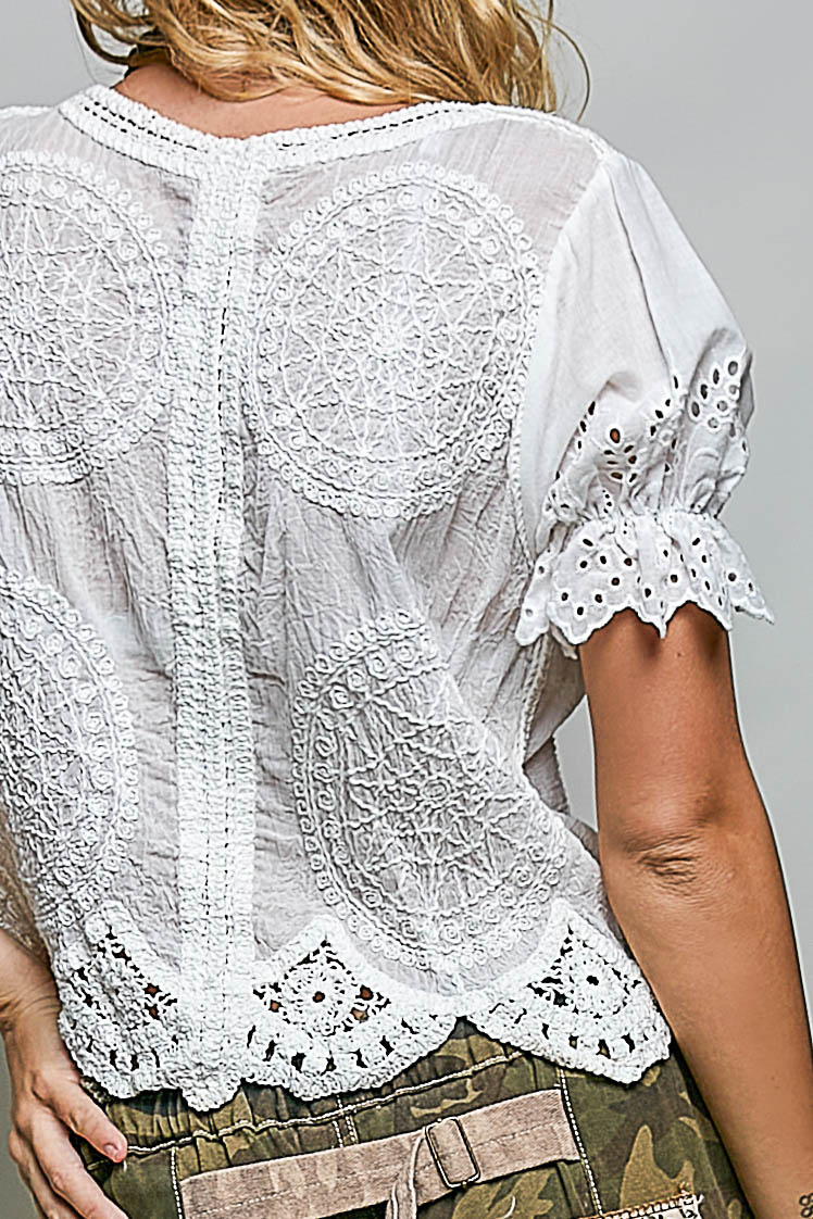 Round Neck Short Sleeve Button Closure Crochet Top