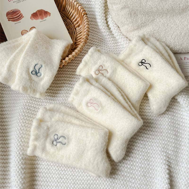 Dipped Shop - Winter Plush Solid Color Bow Embroidery Crew Socks