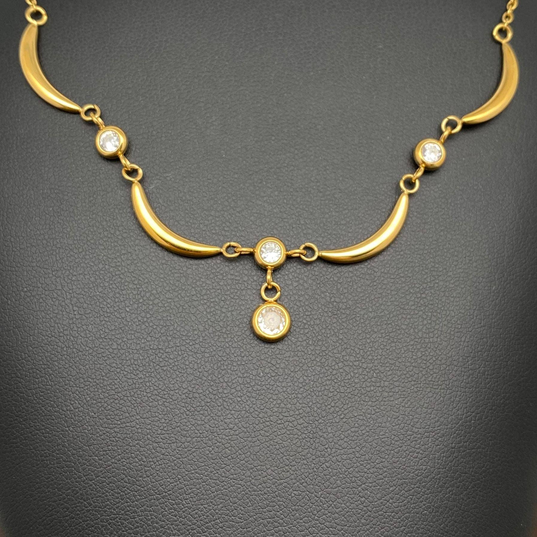 Mio Queena - Moon & Zircon Linked 18K Golden S.Steel Necklace - FGS/MS