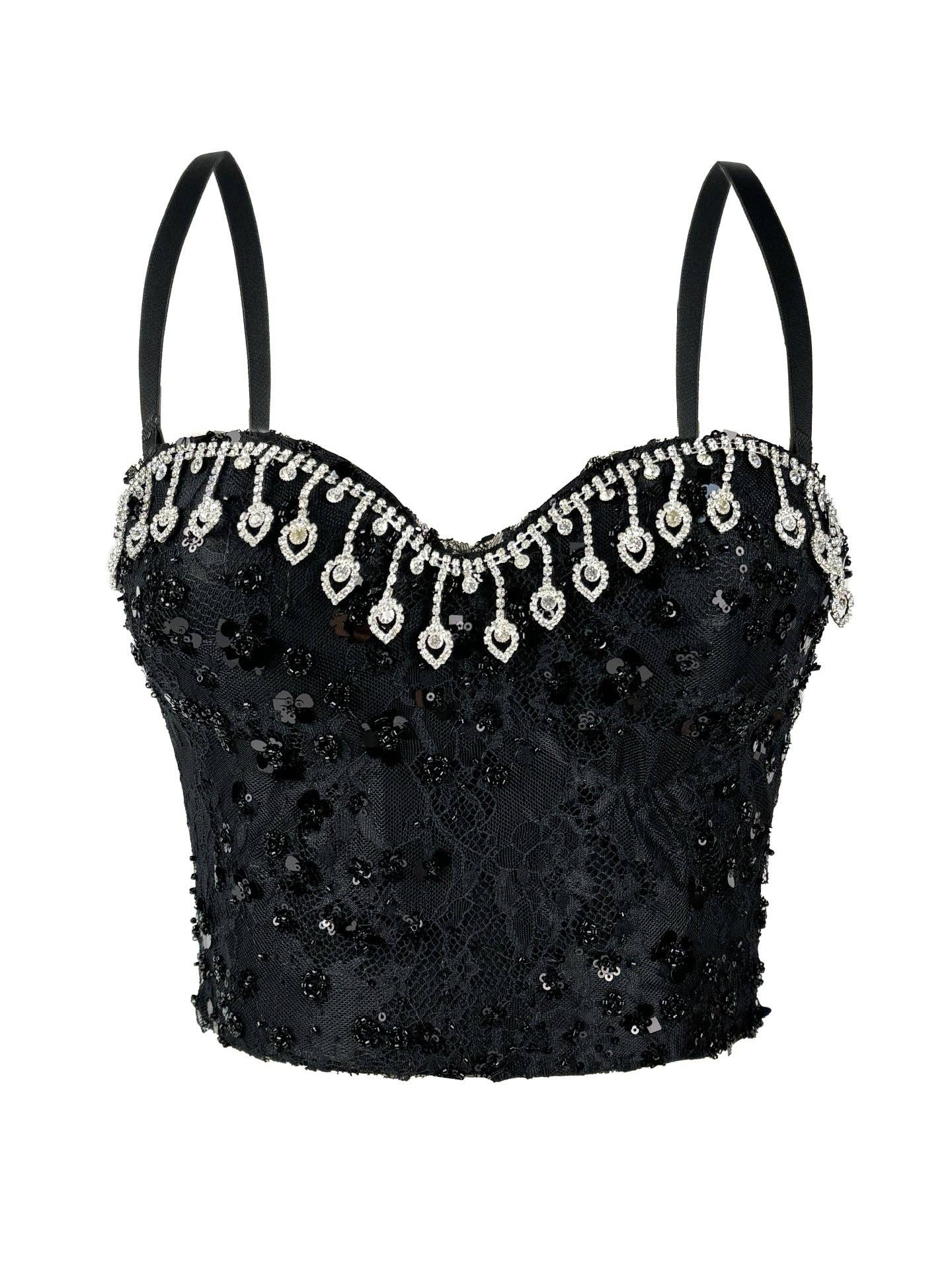 SALINA TRADING INC - Sexy Rhinestone Fringe Bustier Top with Adjustable Straps