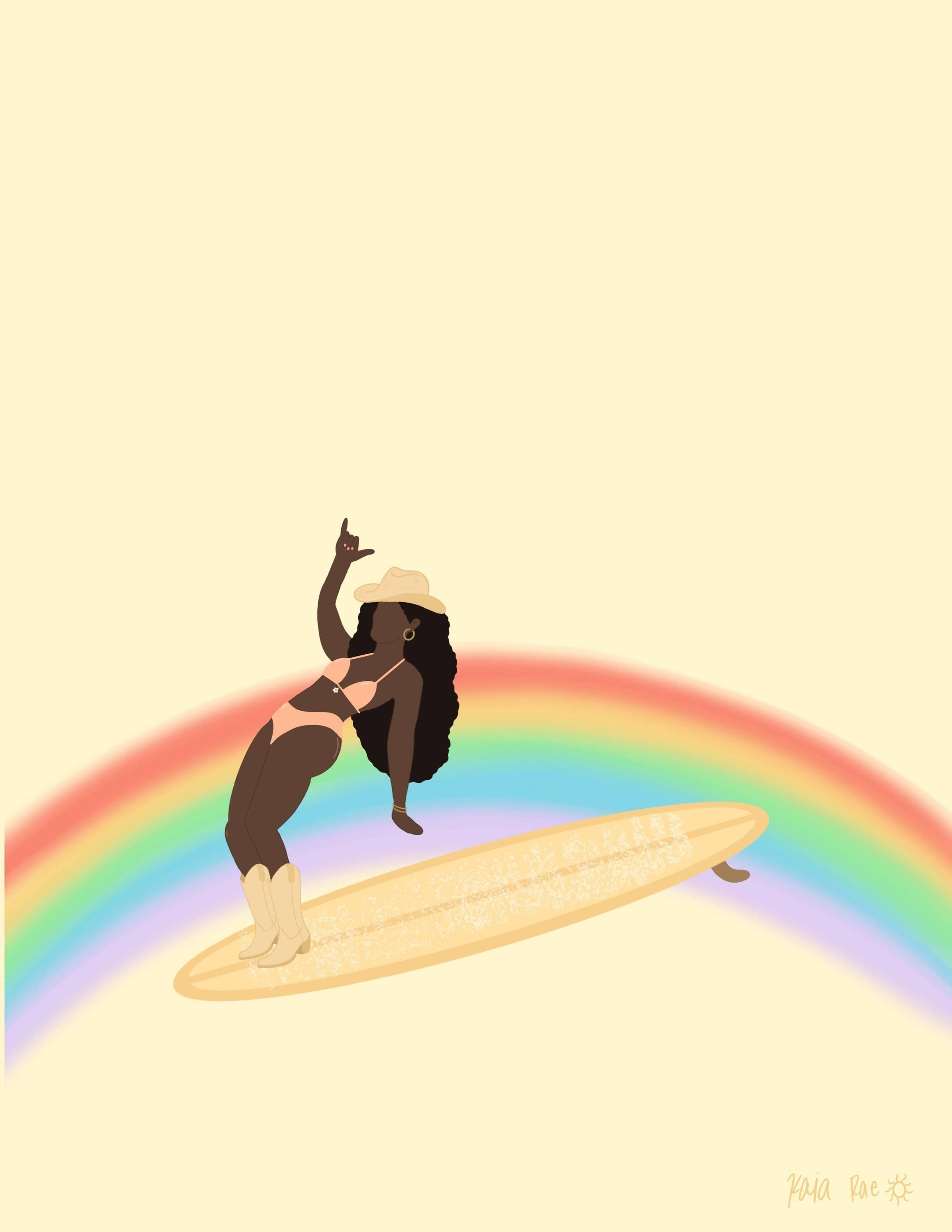 Surf Cowboy - Hang Ten Rainbow Surfing Cowgirl Art Print | Surf Wall Art P