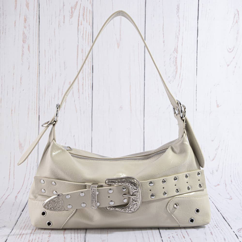 Collections by Fame Accessories - Studded Western Buckle Vegan Leather Shoulder Bag