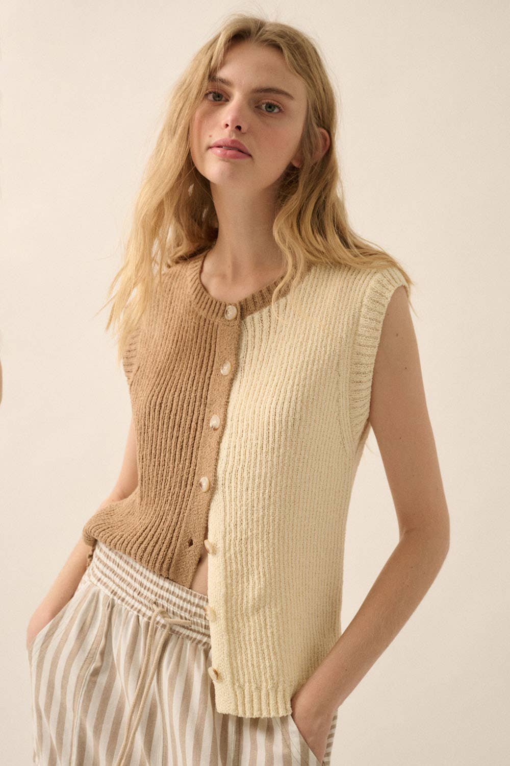 Colorblock Knit Button-Front Sweater Vest