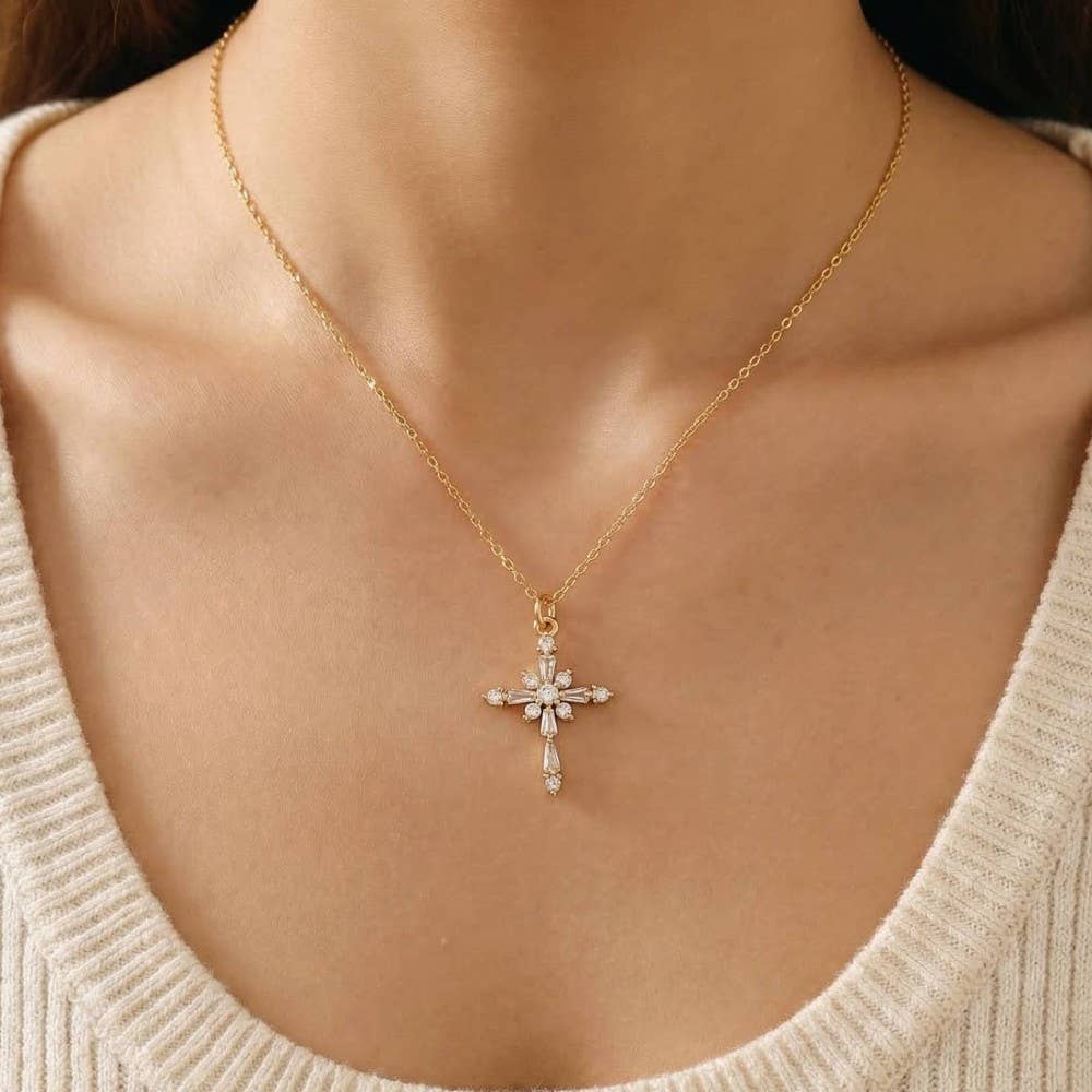 Fame Accessories - Gold Dipped Intricate Cz Cross Pendant Necklace