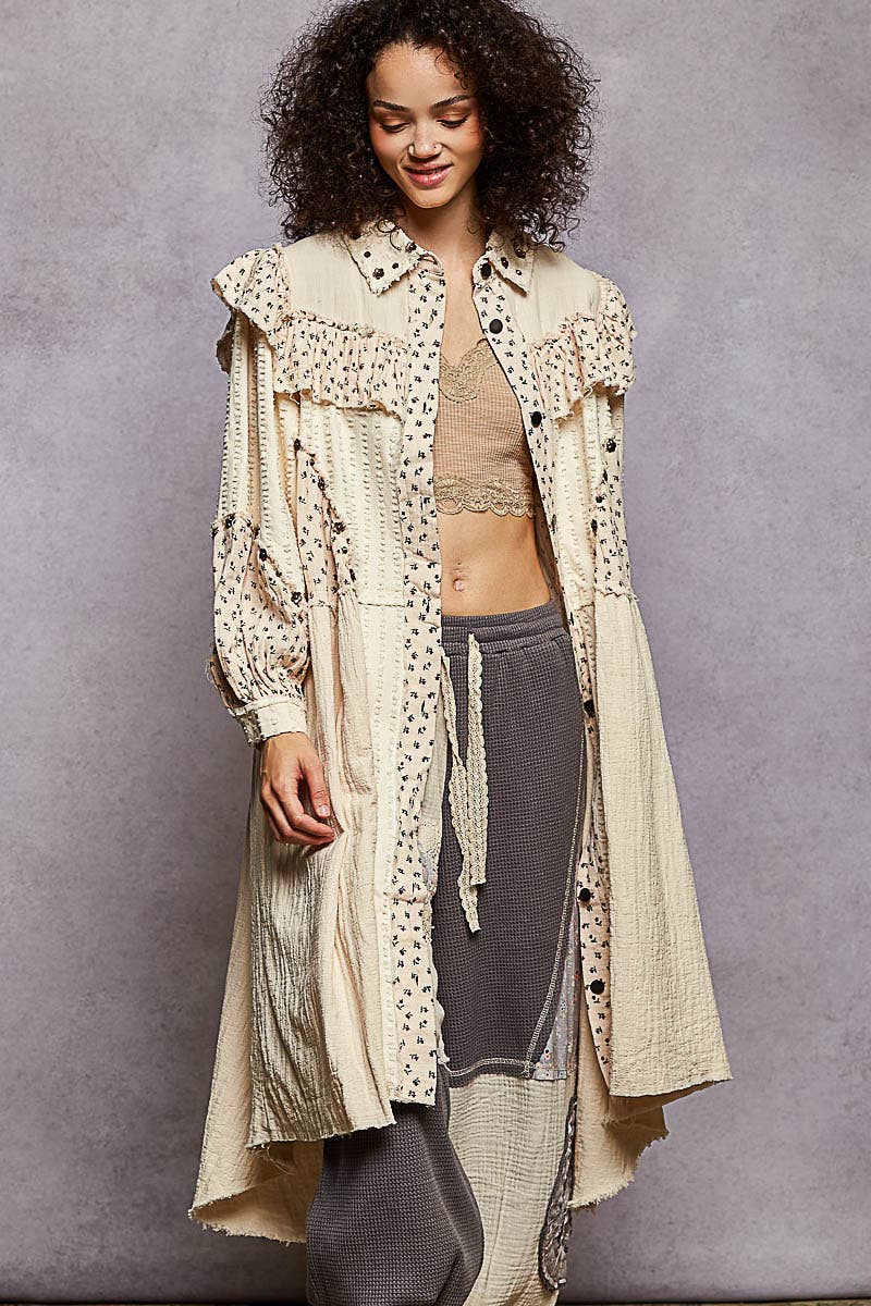 Pol Clothing - Balloon sleeve studs knee length ruffle detail jacket