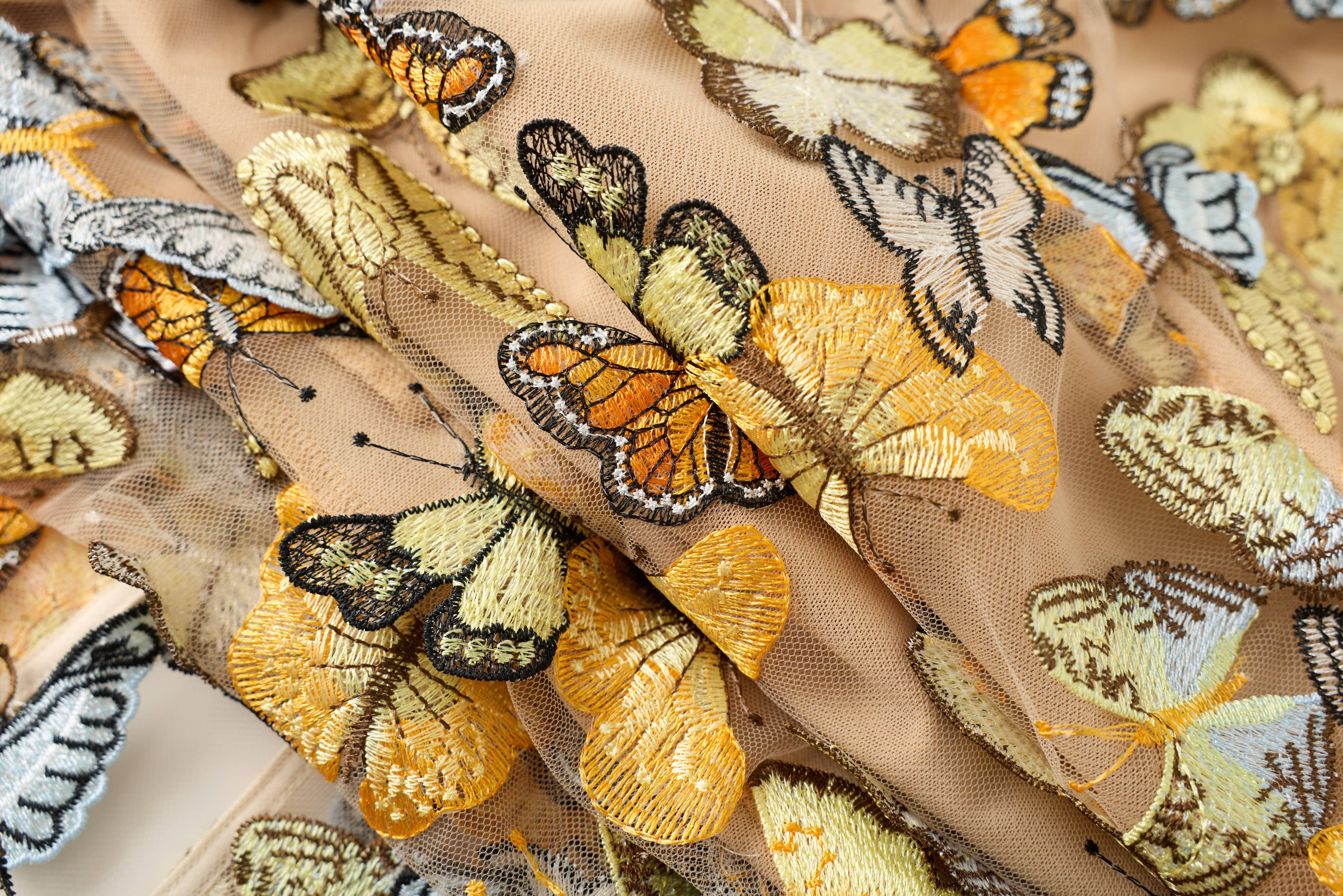 Embroidered Butterfly Tulle Strapless Gown