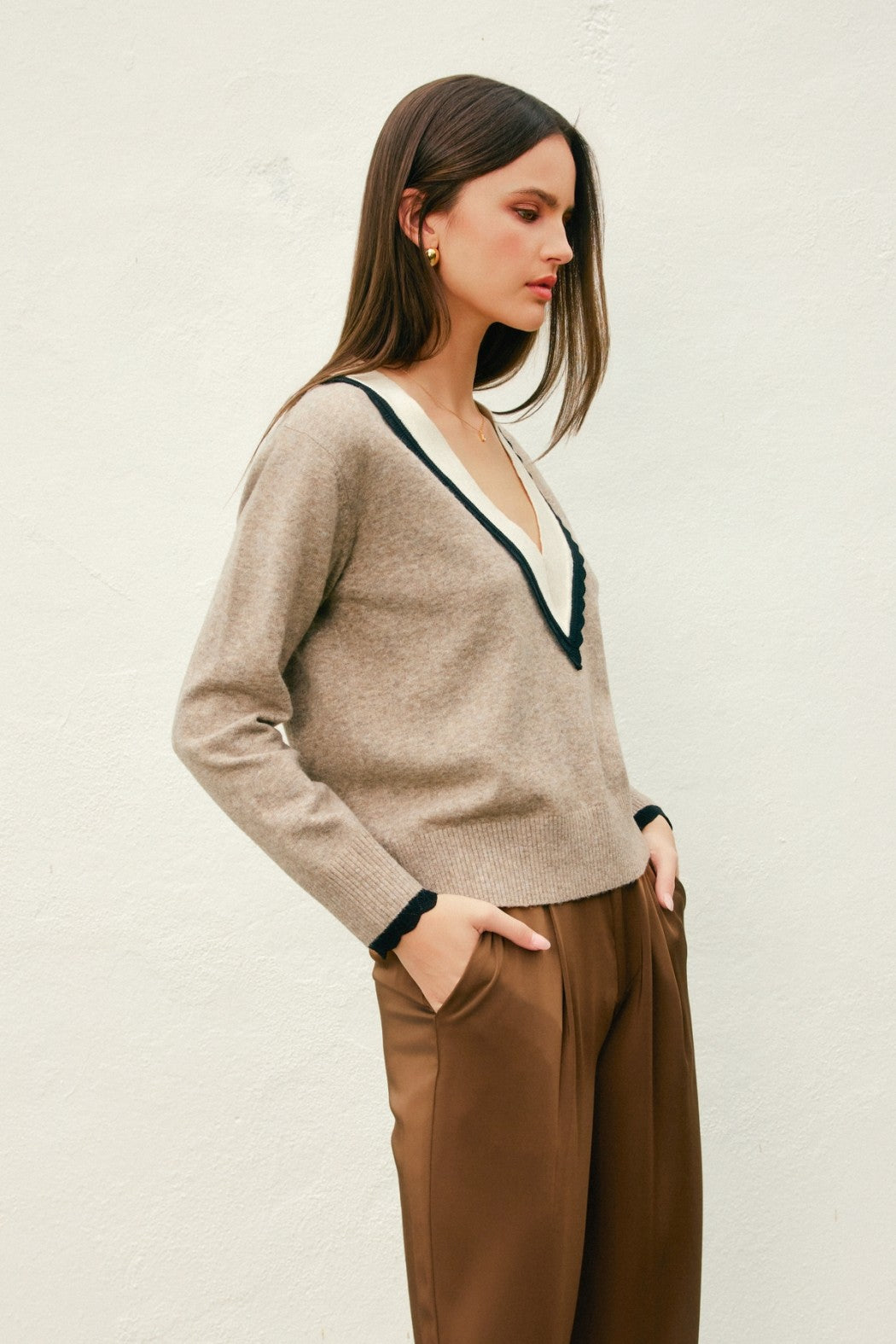 Varsity Contrast Deep V Neck Sweater