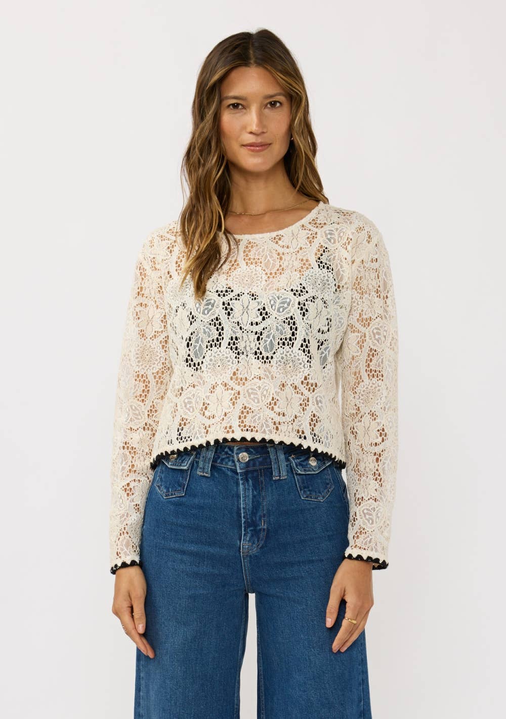 Lovestitch - Crewneck Lace Top with Contrast Hem