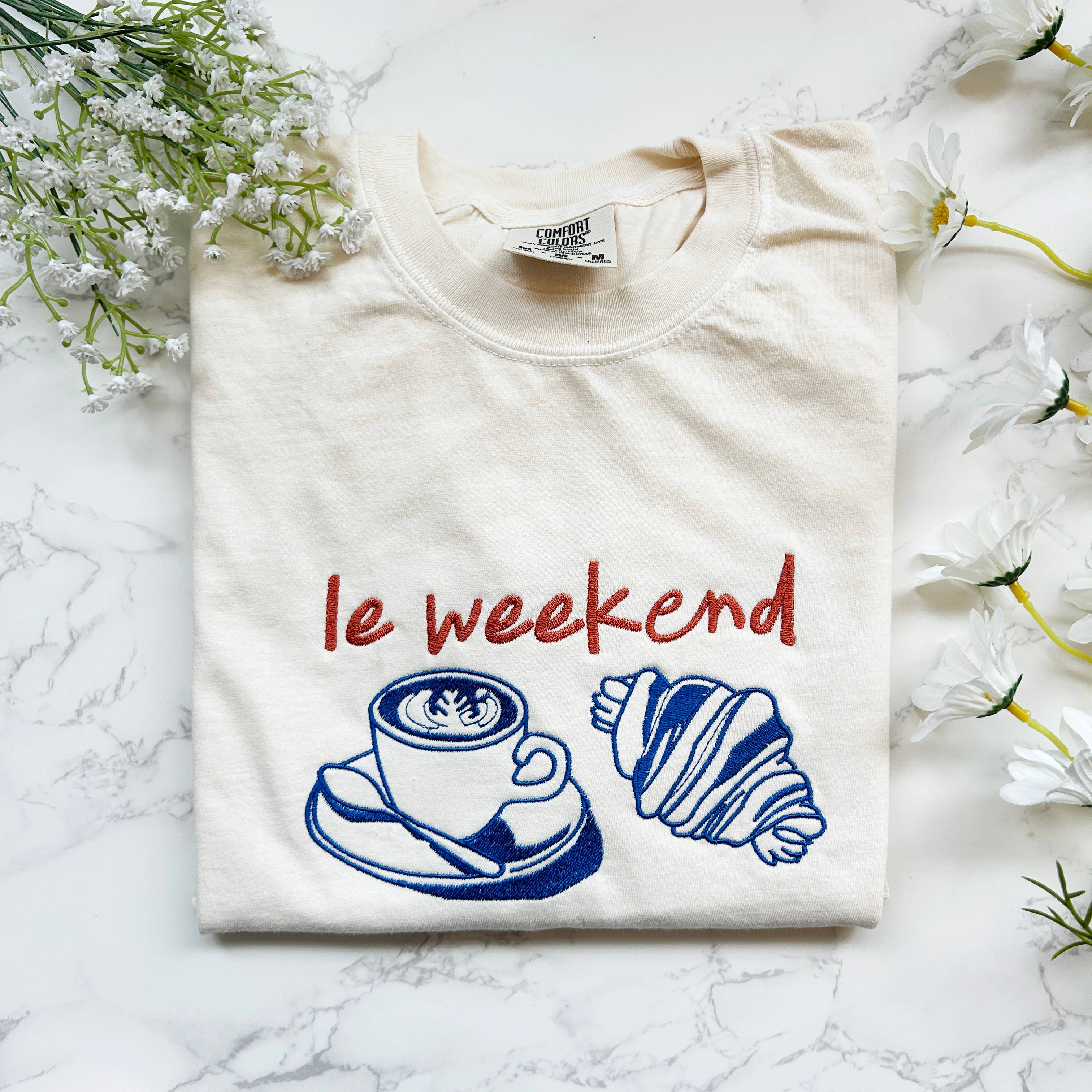 Plantiful Design Co - Embroidered Le Weekend French Coffee & Croissant Shirt
