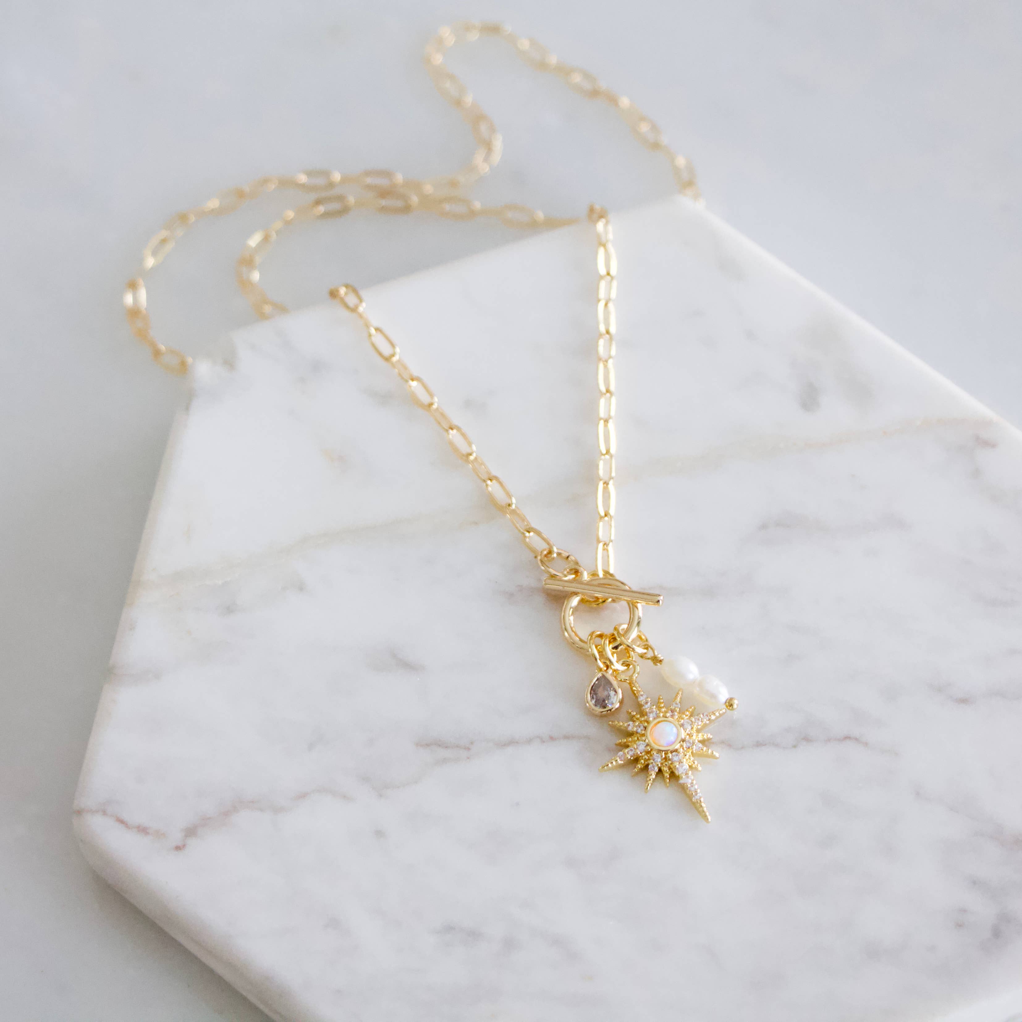 Mesa Blue - CZ, Opal Star, Freshwater Pearl,Charm Toggle Necklace