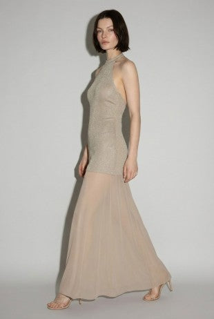 Champagne Gold Metallic Halter Maxi Dress