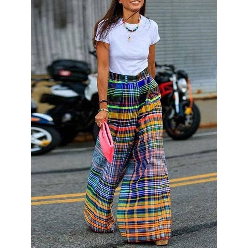 Sheer Trend - Stylish Wide Leg Checkerboard Casual Pants