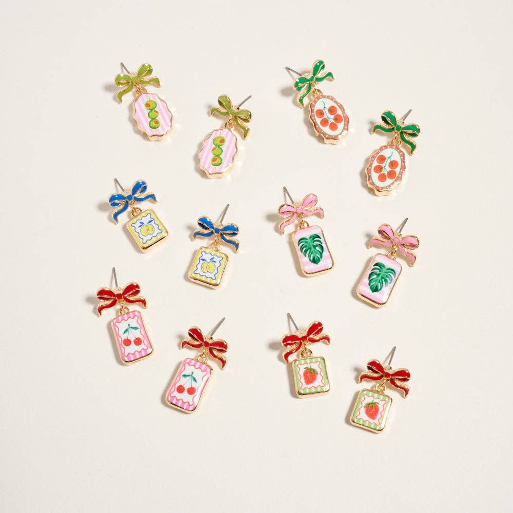 Designature New York - Vintage Fruit Plant Print Tile Enamel Bow Earrings
