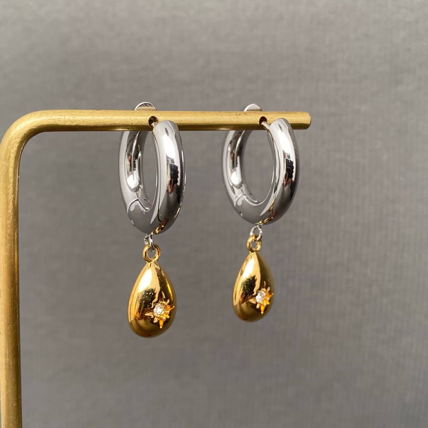 Mio Queena - CZ Inlaid Drop Two Tone 18K Golden SS Huggie Earrings - FGS