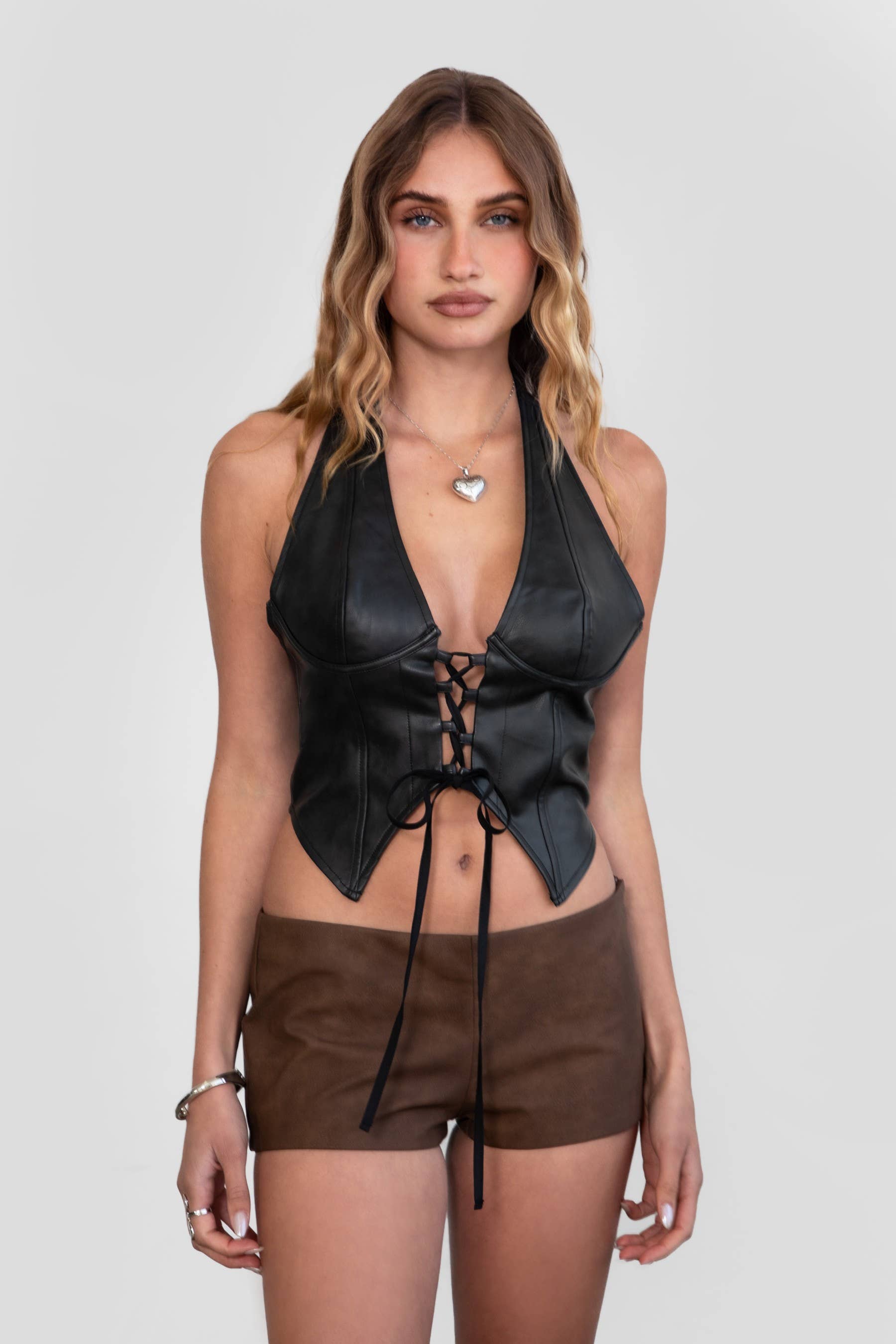 LEIAH PU Vegan Leather Low Rise Micro Shorts Zipper Closure