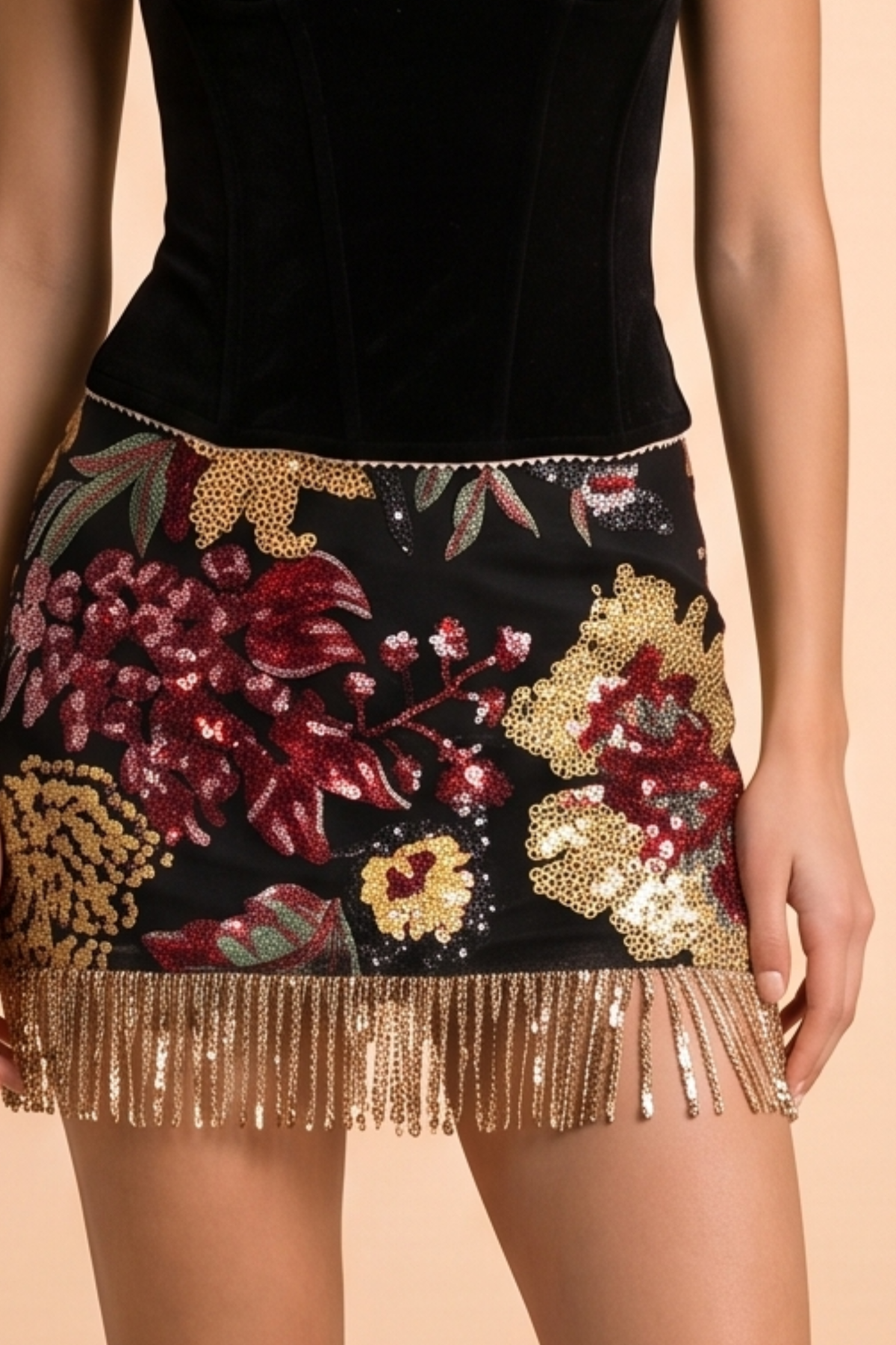 BERRY MELLOW - FLORAL SEQUIN FRINGE MINI SKIRT - BS1752CQ