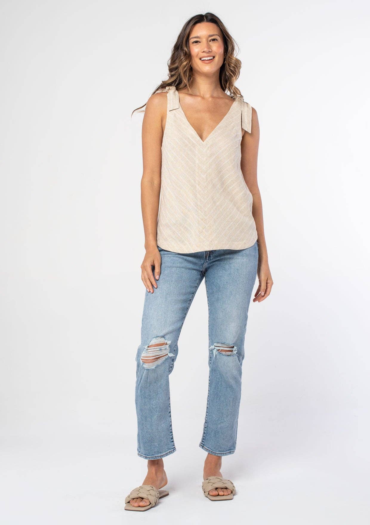 Lovestitch - Linen Blend Striped Tie Shoulder Tank Top