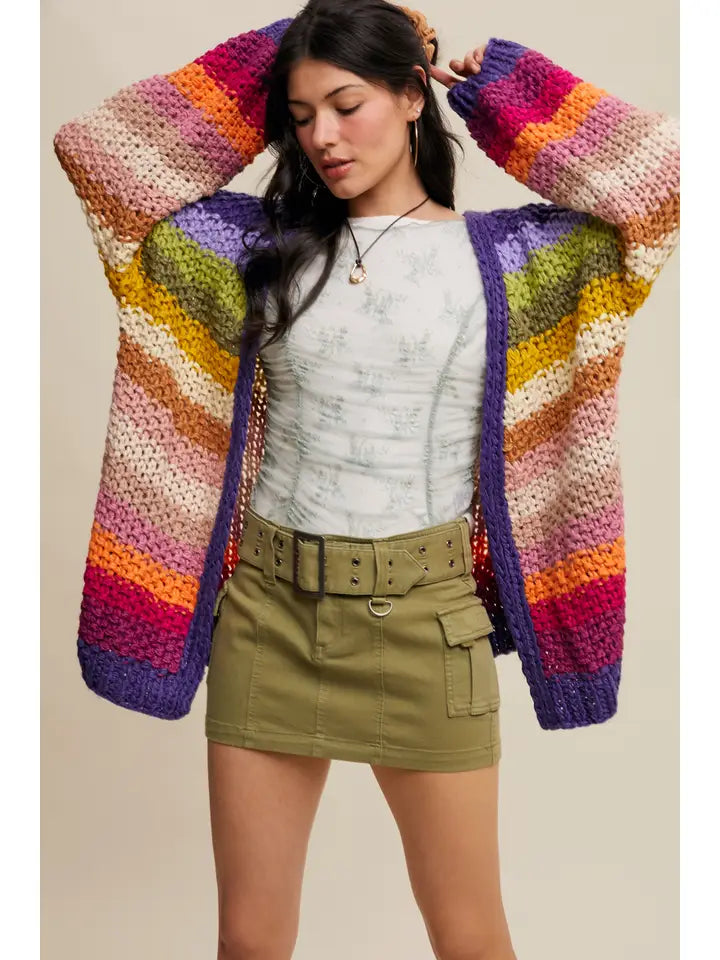 Rainbow Hand-Crochet Open Cardigan