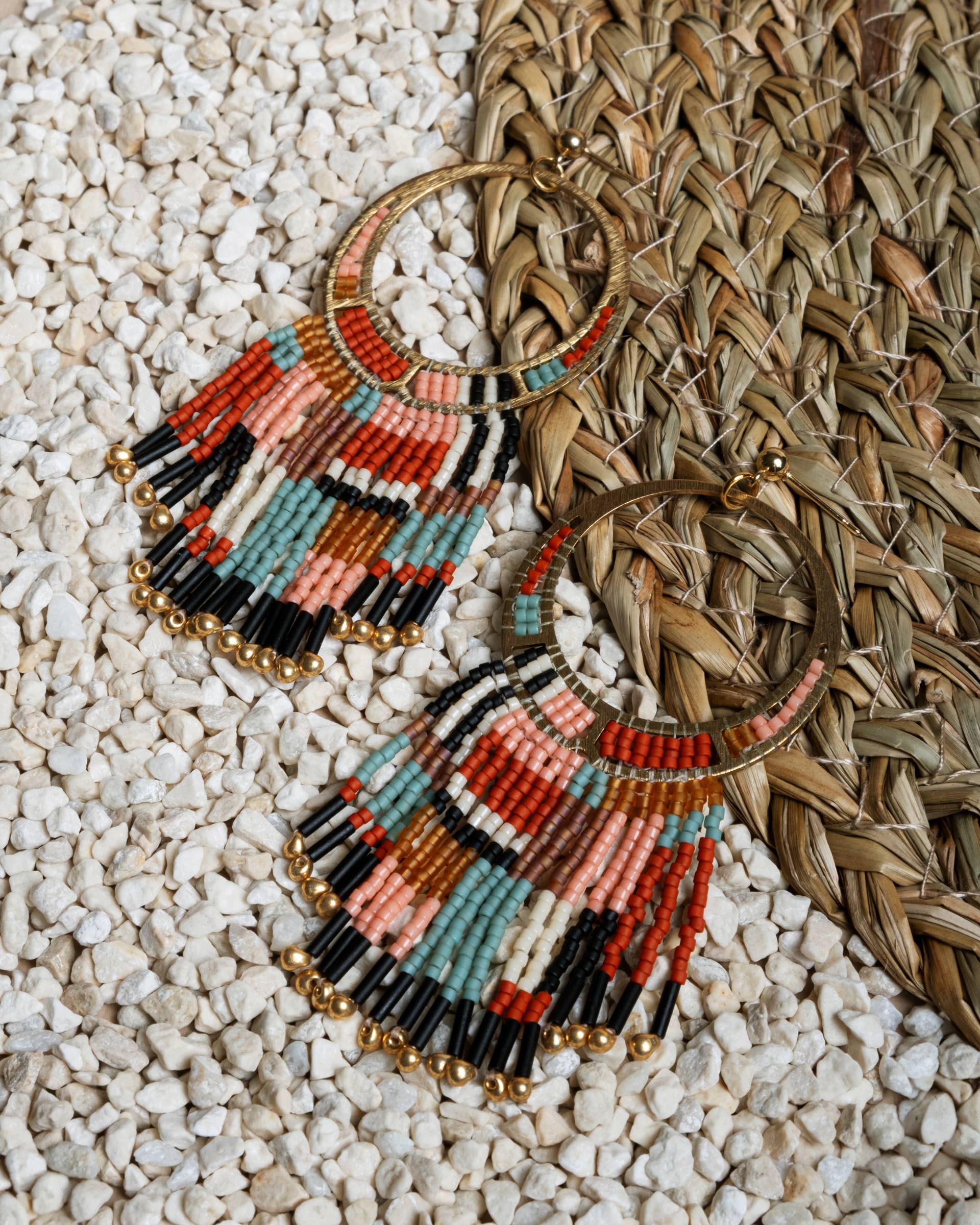 Mayana Designs Co - Beaded Handwoven Painted Desert Fringe Earrings (Aqua/Rust)