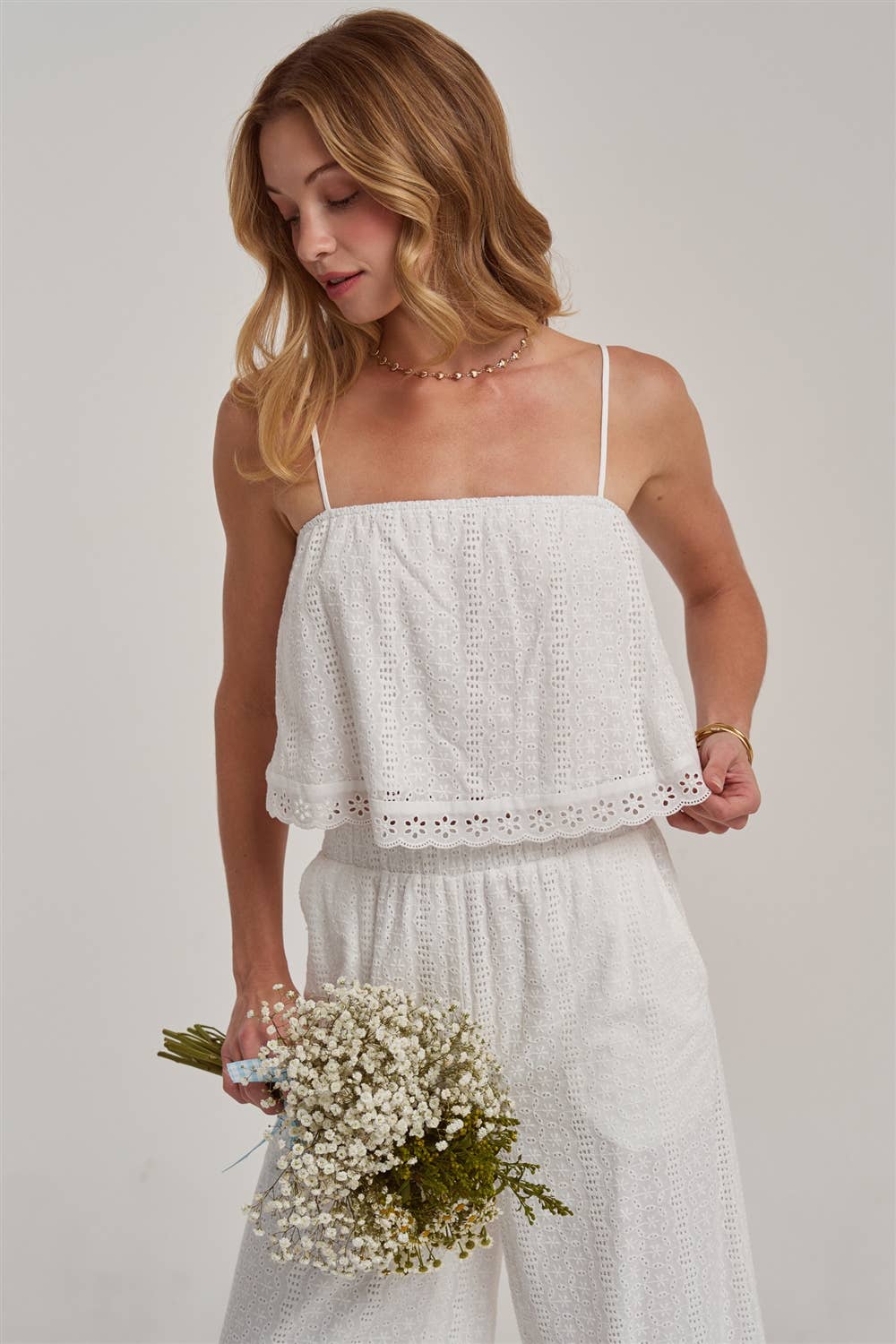 BON - EYELET LACE CROPPED CAMI TOP AND WIDE LEG PANTS SUMMER SET