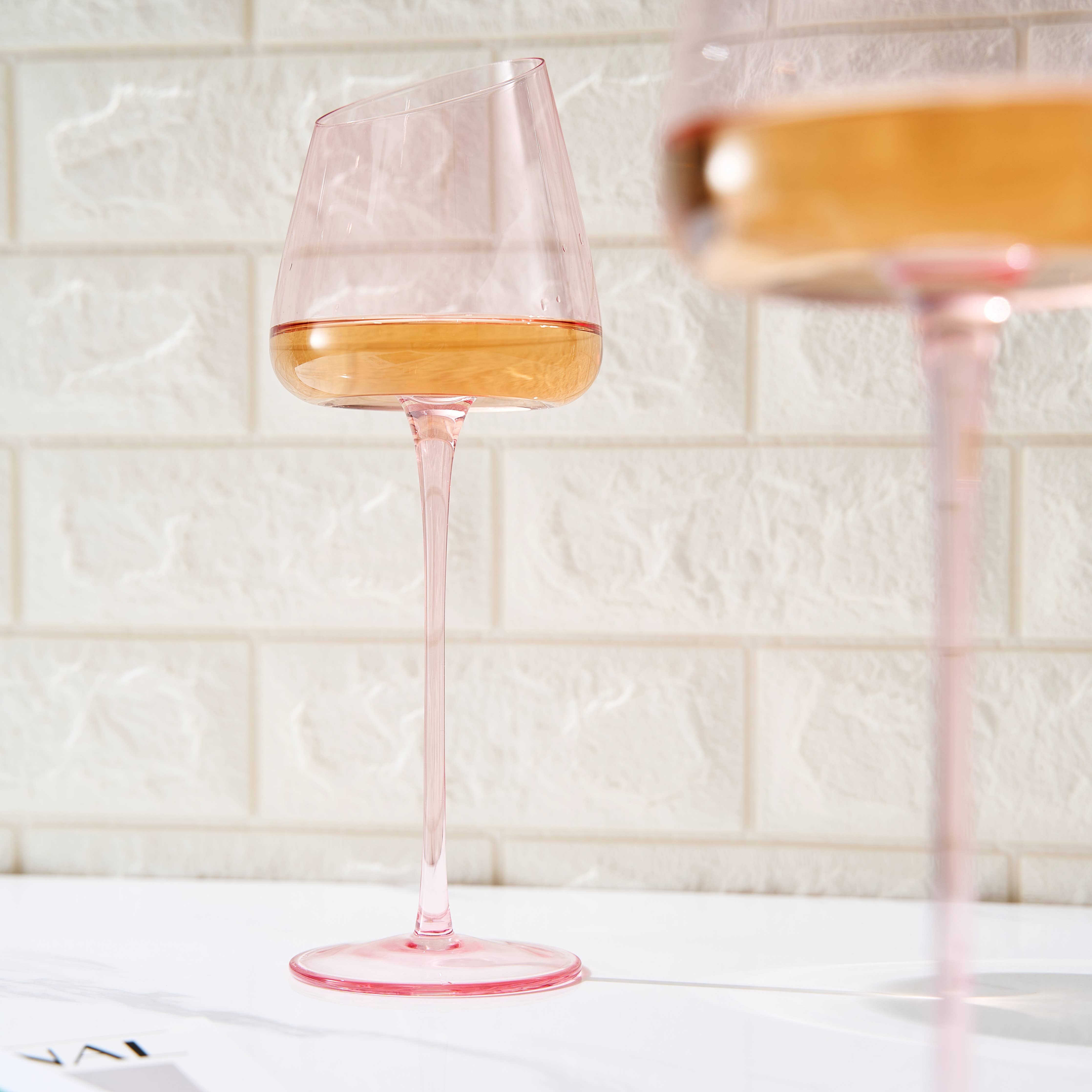 The Wine Savant /  Khen Glassware - Khen Pink Wine Glasses Set of 2 Red Blush Color 18oz Slanted