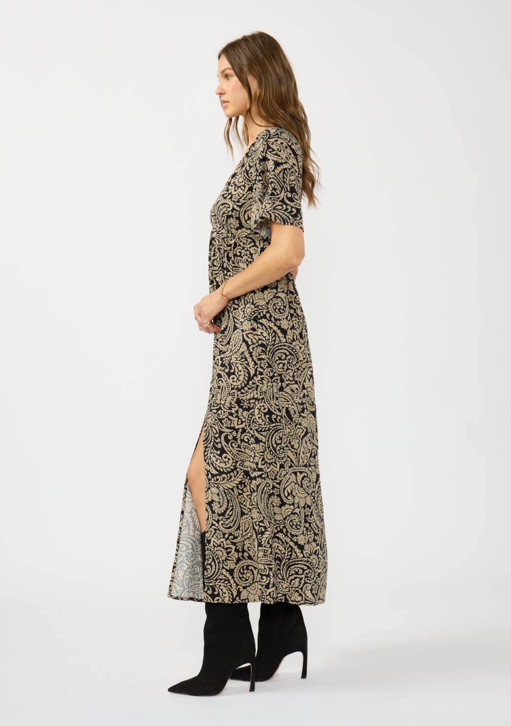 Lovestitch - V-Neck Flutter Sleeve Front Slit Maxi Dress