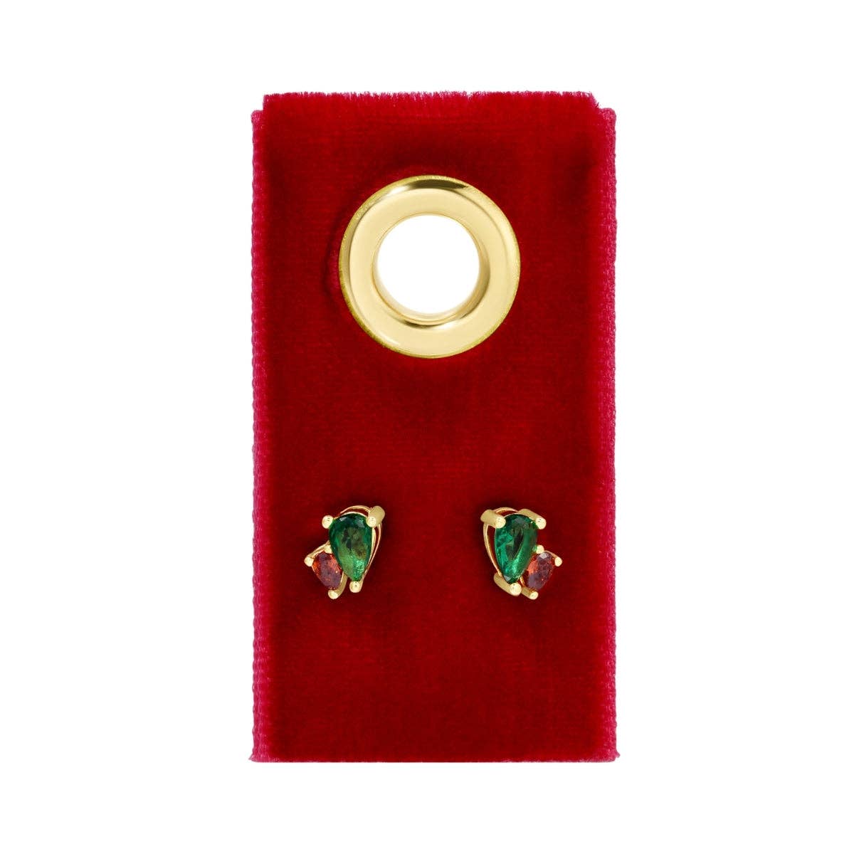 Splendid Iris - Red & Green Pear-Shaped CZ Studs on Velvet Tag