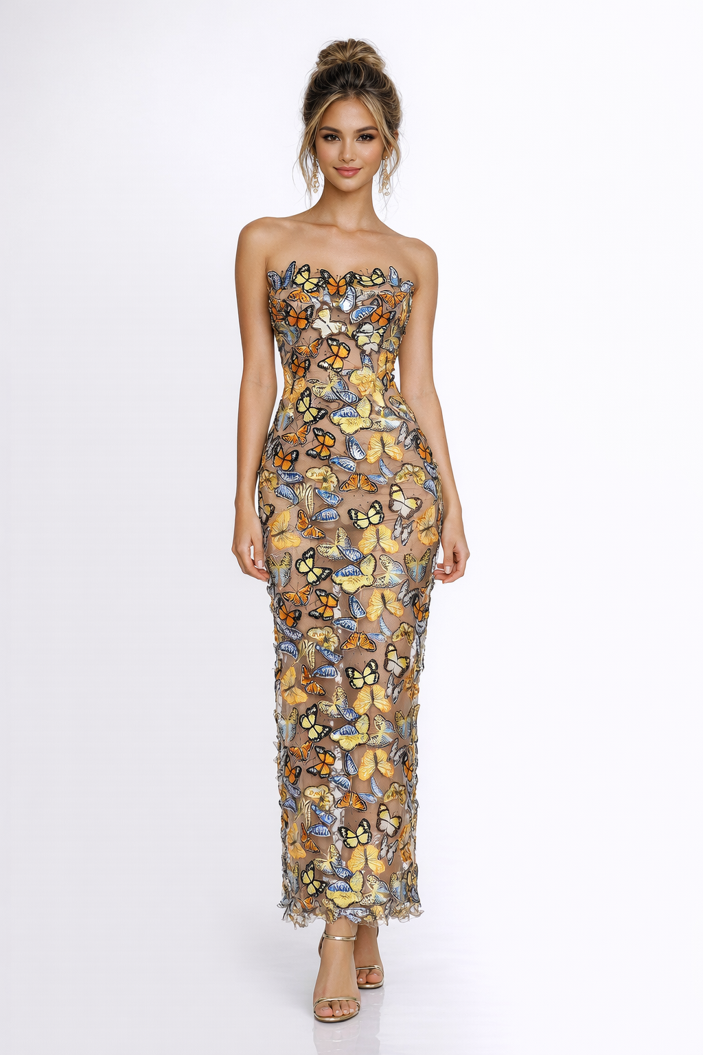 Embroidered Butterfly Tulle Strapless Gown