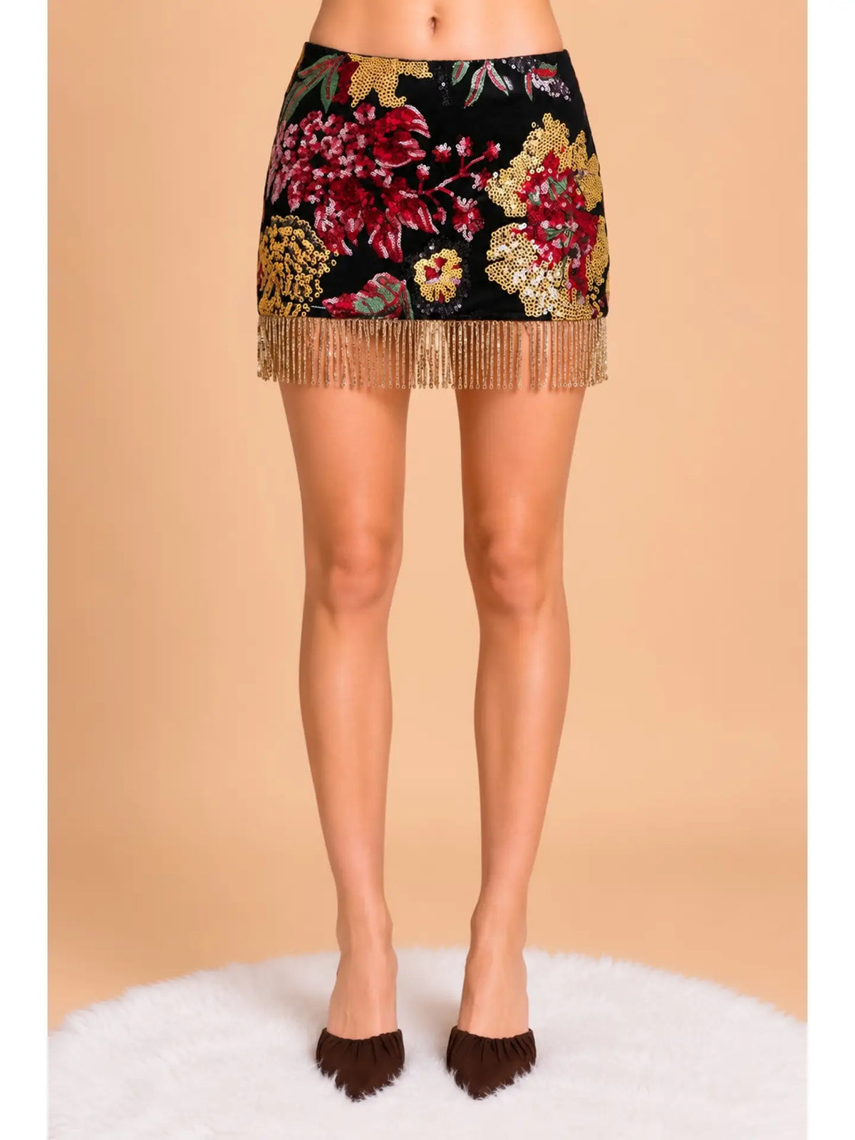 Floral Sequin Fringe Mini Skirt