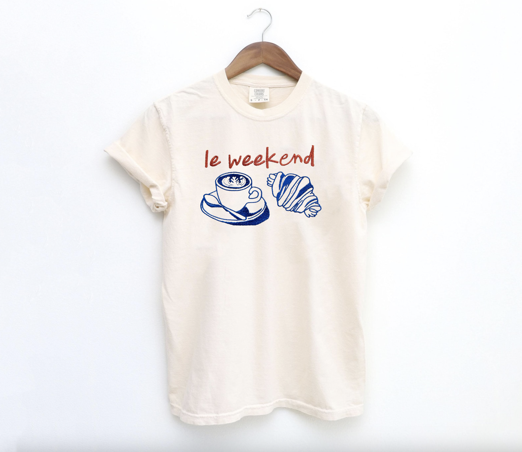 Plantiful Design Co - Embroidered Le Weekend French Coffee & Croissant Shirt