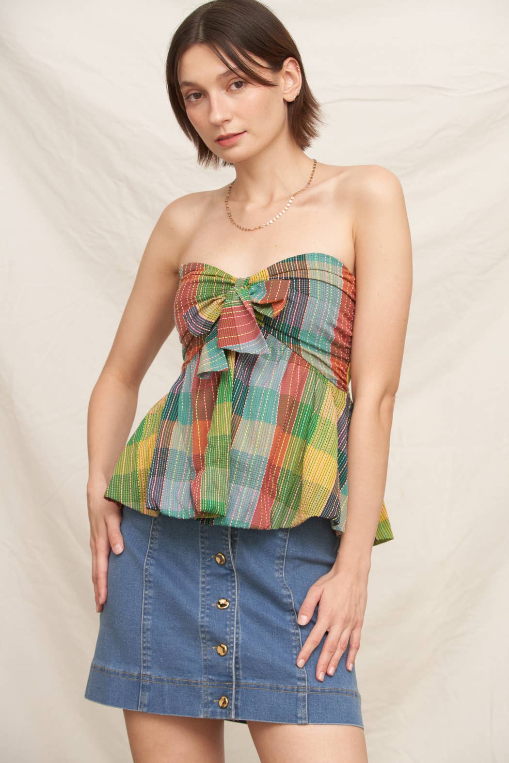 Multicolor Plaid Strapless Ribbon Top