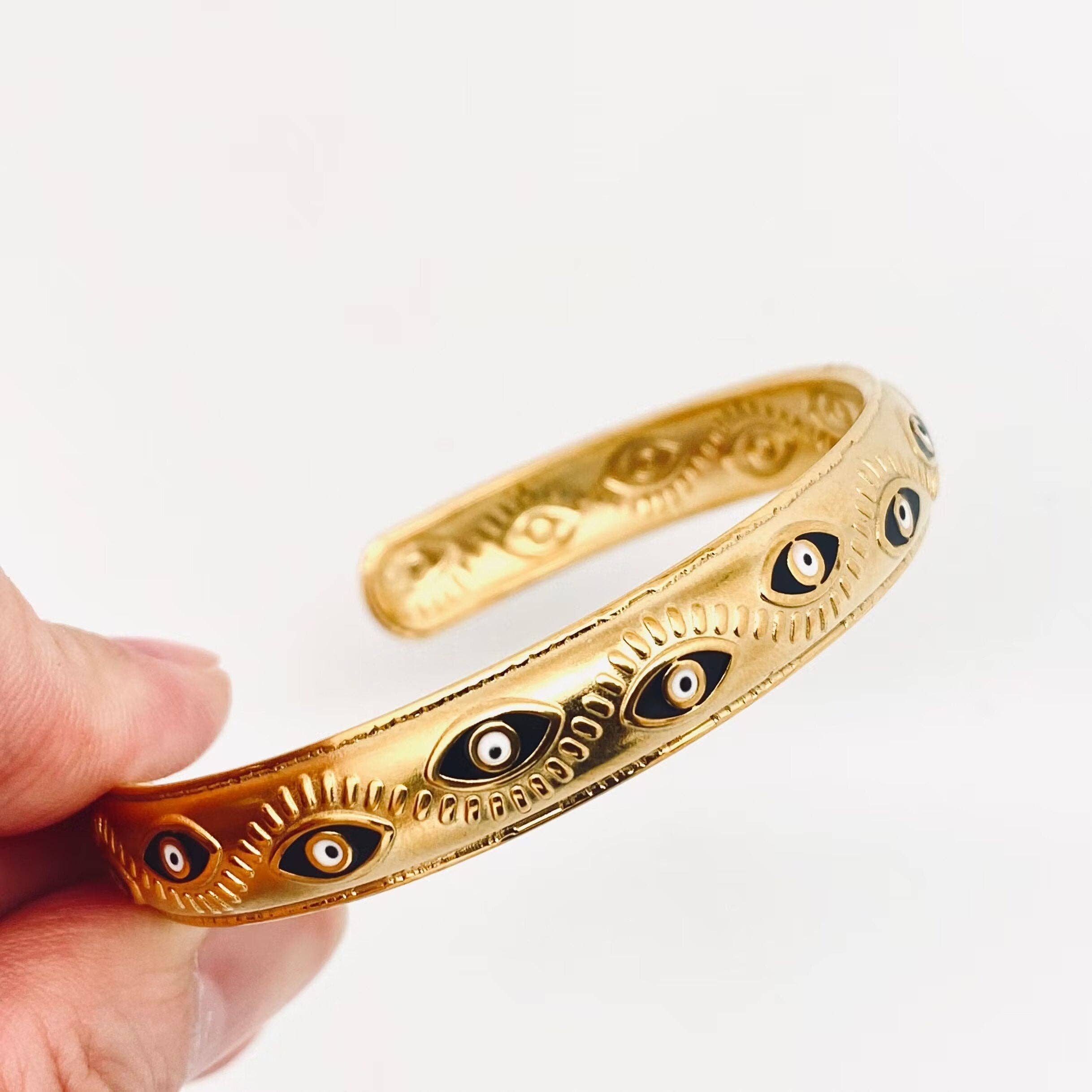 Mio Queena - Black Evil Eye Cuff 18k Gold Plated Steel Bangle - FGS