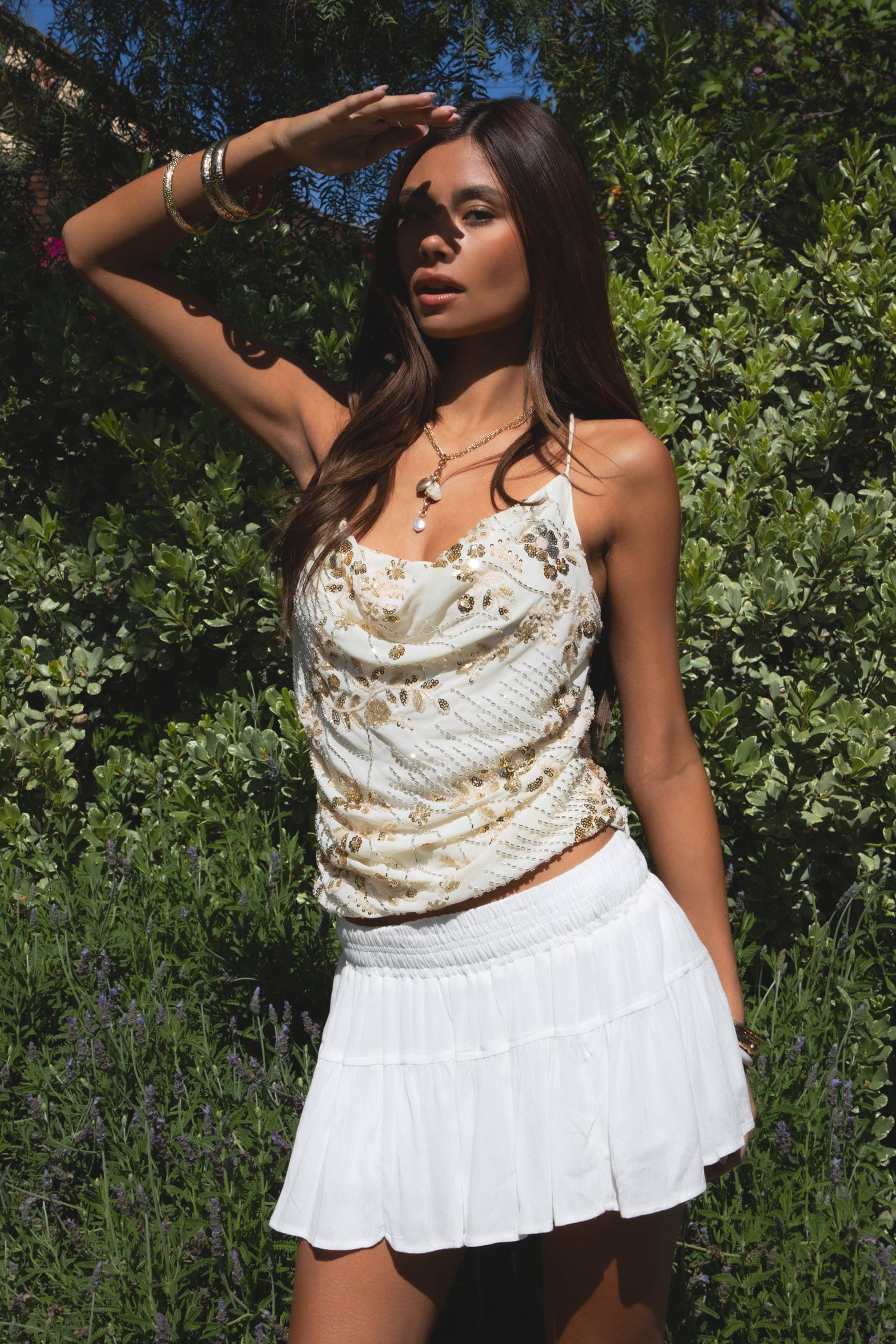 - AURYA Chiffon Sequin Beaded Cowl Neck Cropped Top