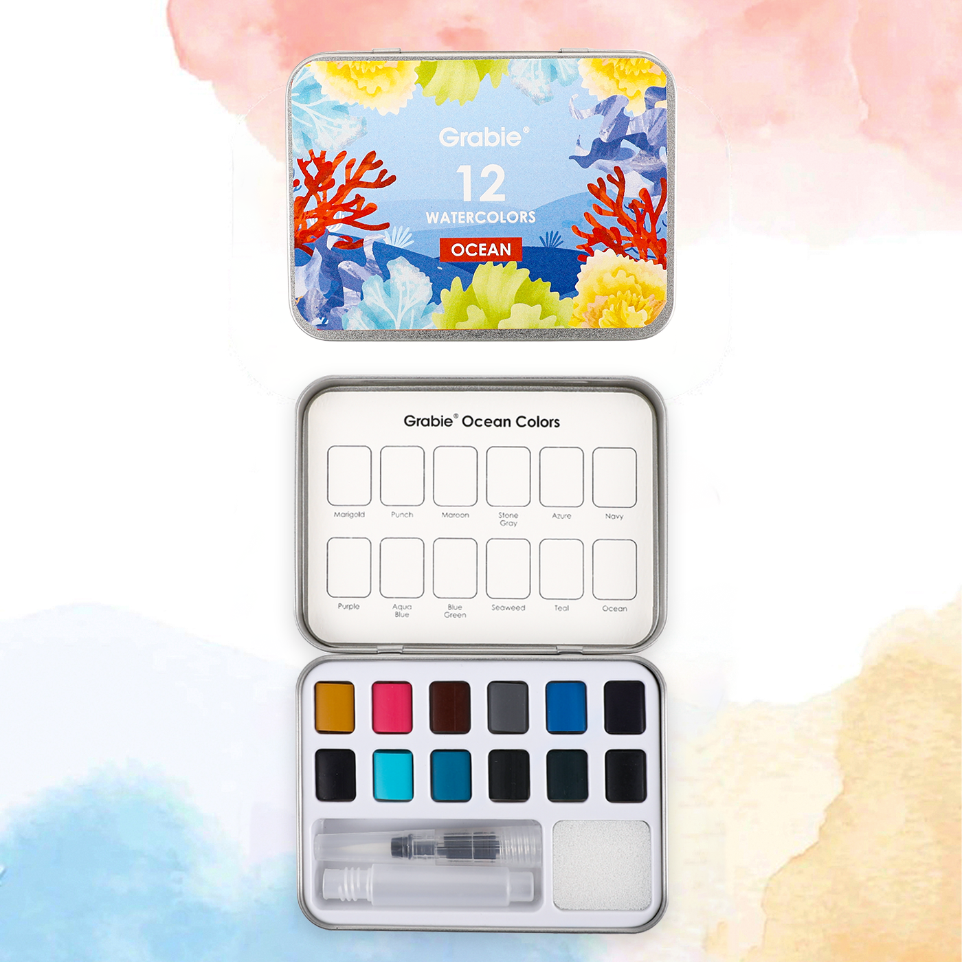 Grabie - Watercolor Pocket Set Of 12 With Brush - Ocean Colors