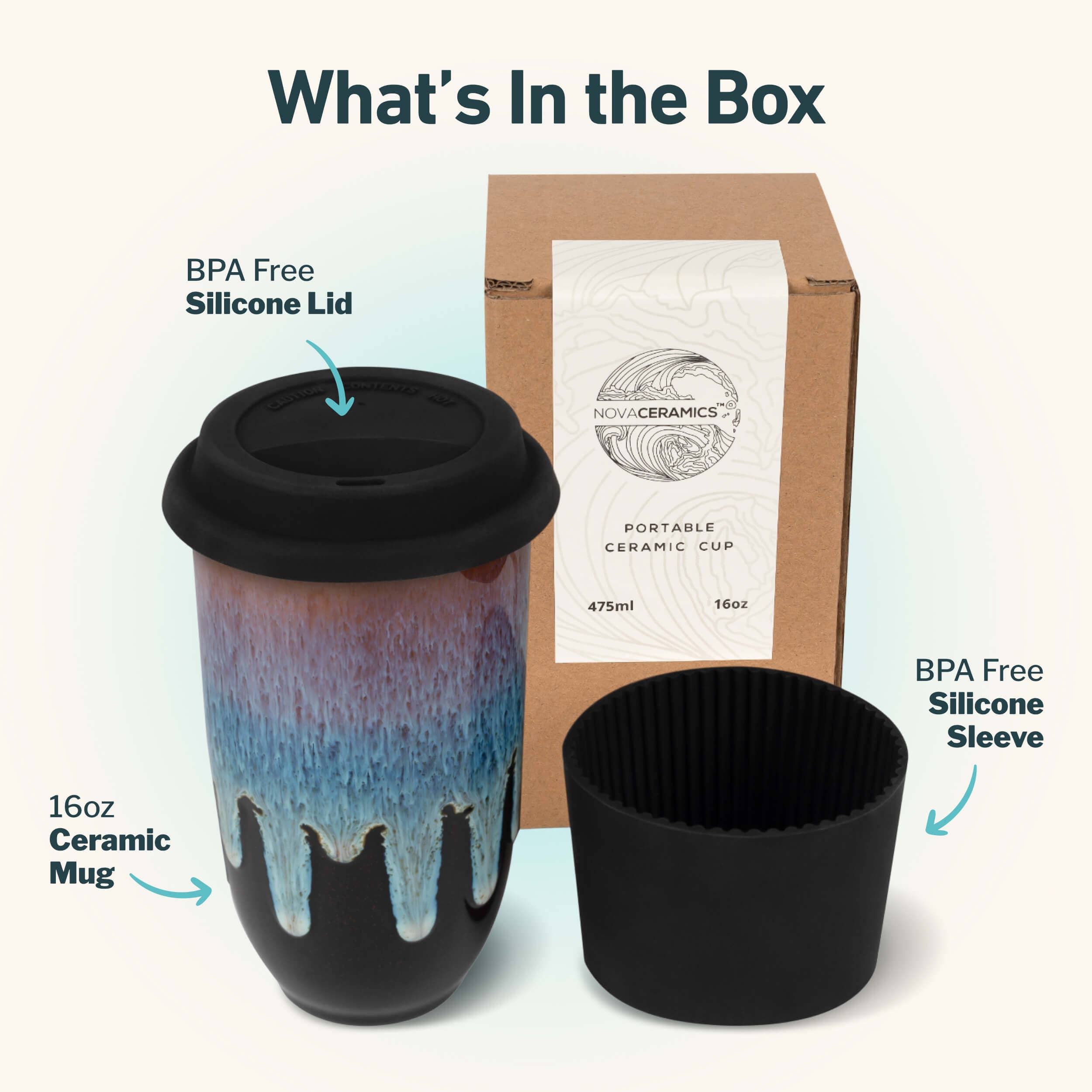 Nova Ceramics Travel Mugs - Monsoon Ceramic Travel Mug – 16oz with Lid & Sleeve