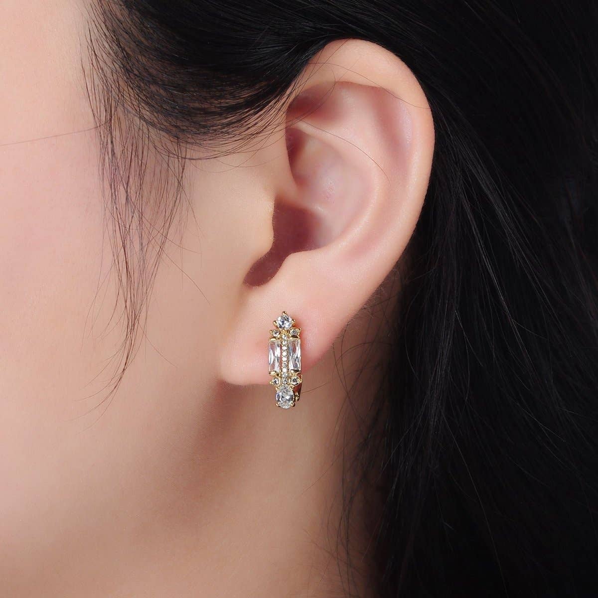 Aim Eternal - 14K Gold Filled CZ Micro Paved Baguette English Lock Earrings | AD617