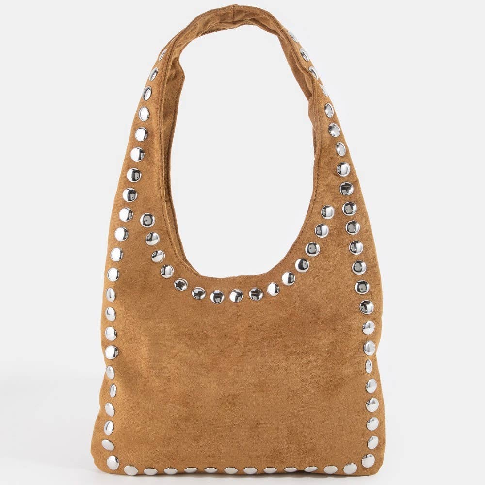 Grommet Border Studded Suede Shoulder Bag