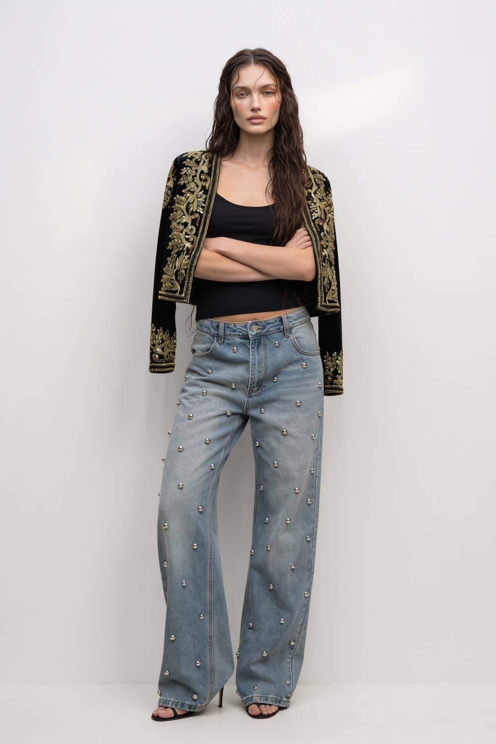 Beulah Style - Embroidered Velvet Cropped Open-Front Jacket