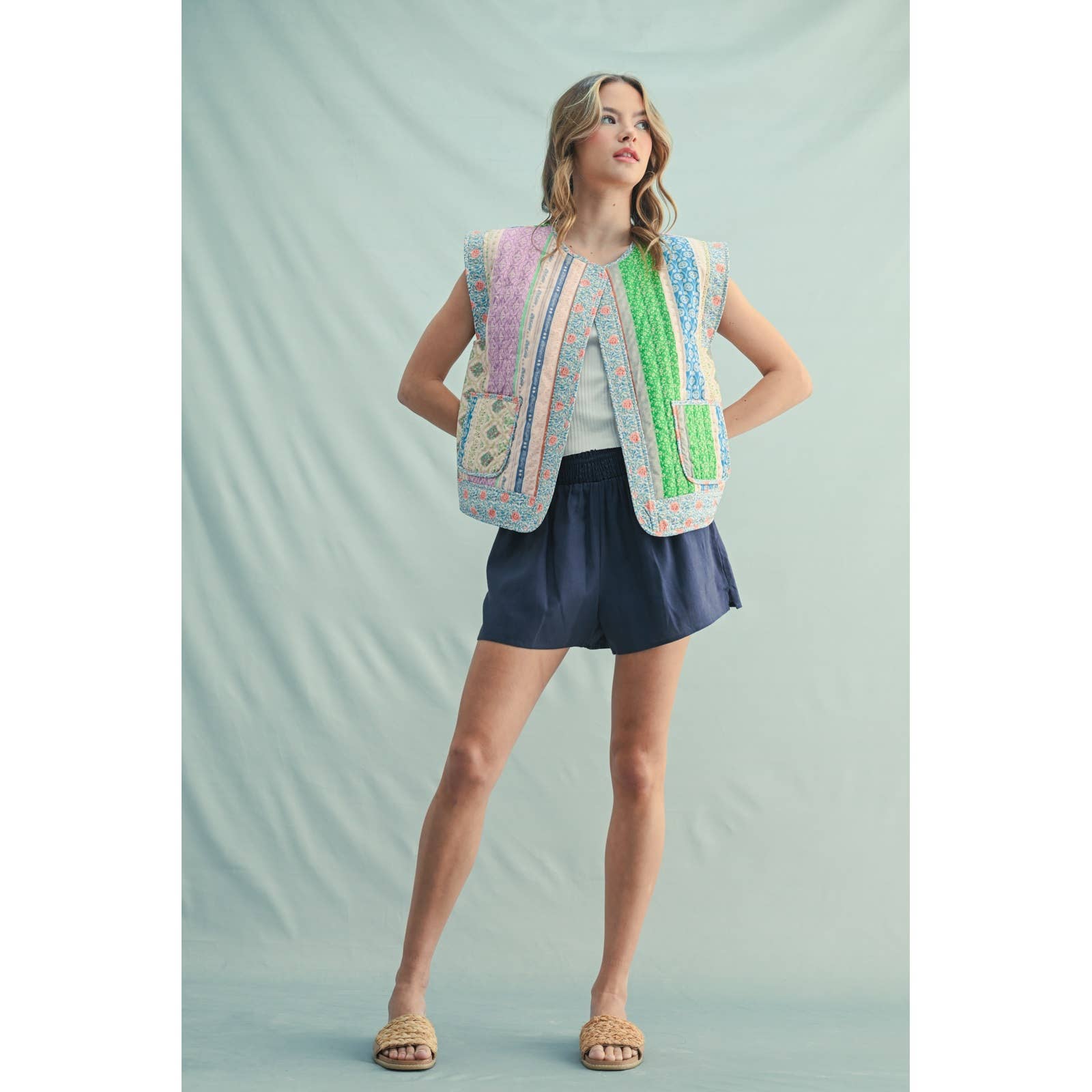 MIXED PATTERN CAP SLEEVE OPEN VEST WITH POCKETS