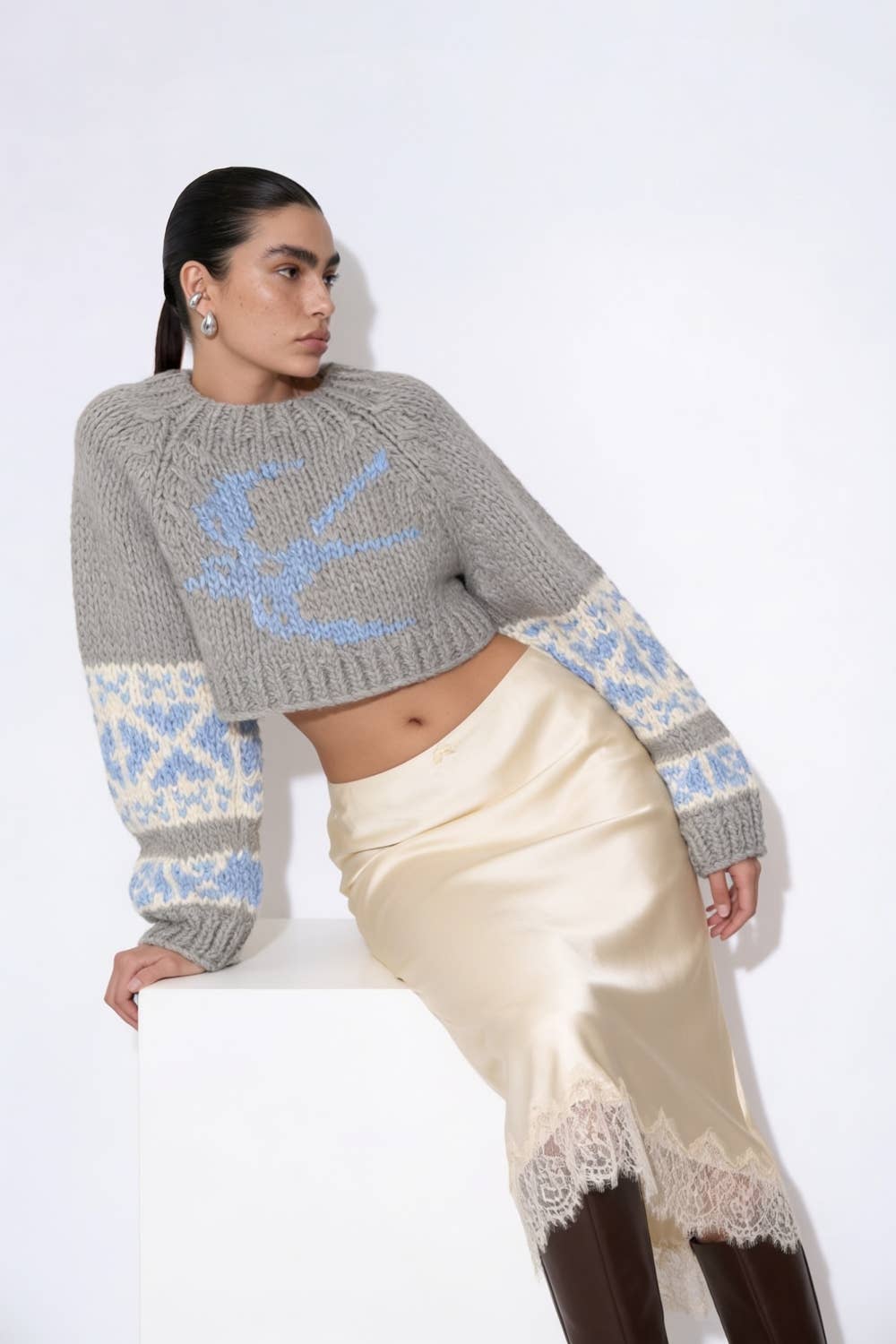 Beulah Style - Intarsia Knit Open-Back Cropped Sweater