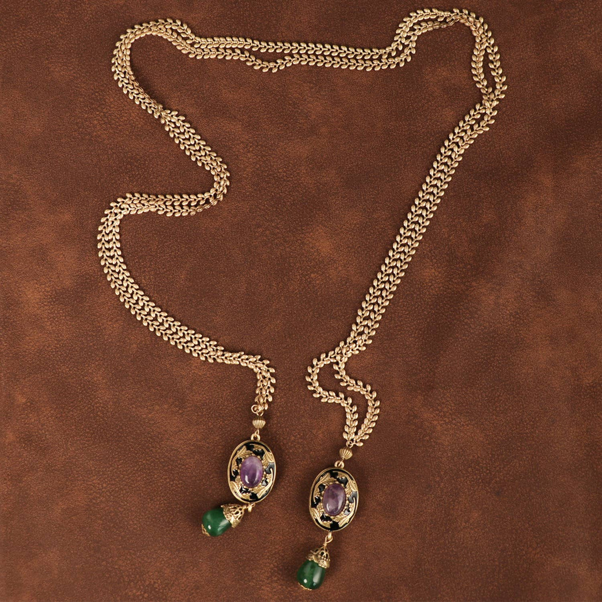 GirlyPirateCo - Vintage Enamel Amethyst Double Pendant Sweater Necklace