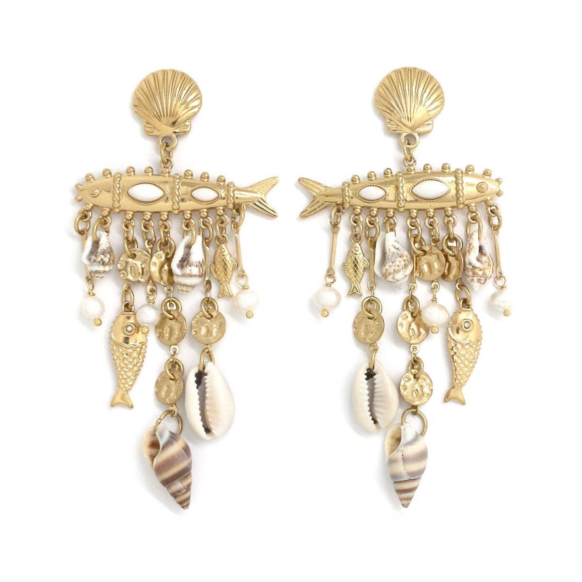 LIZOU - Museum Style Fish and Seashell Dangle Earrings - E4-369