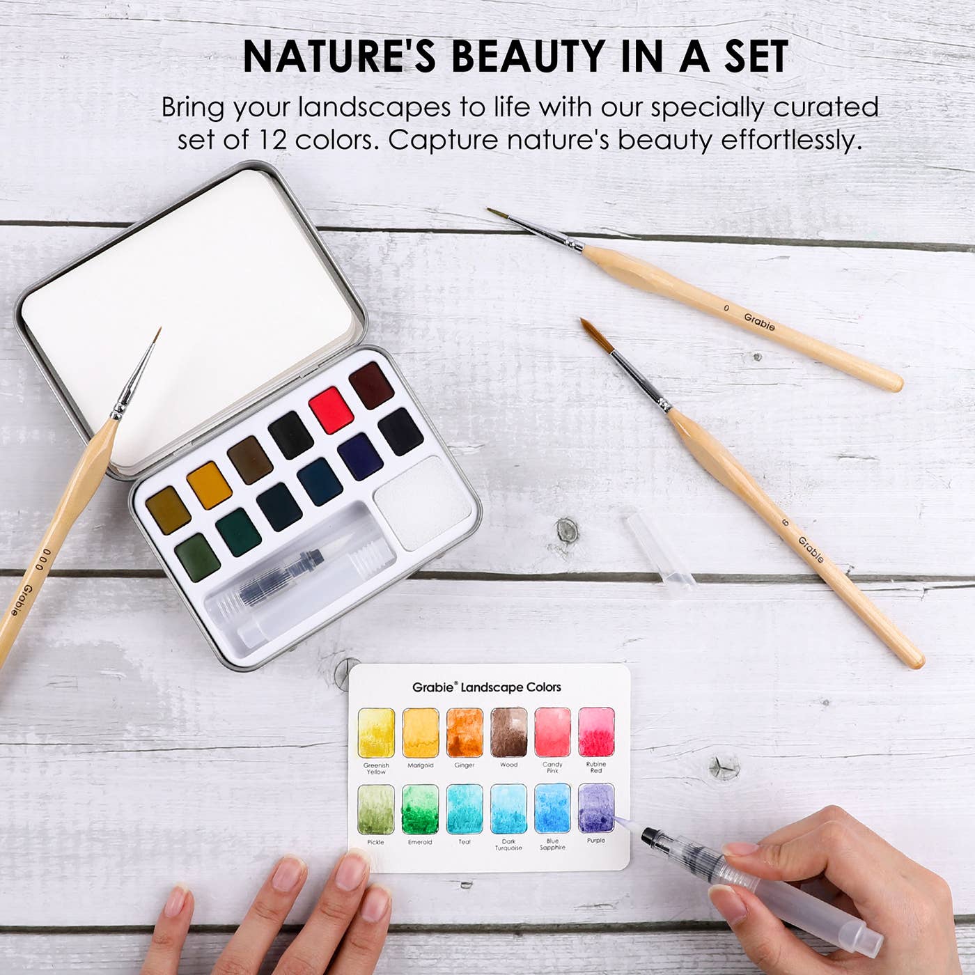 Grabie - Watercolor Pocket Set Of 12 With Brush - Landscape Colors