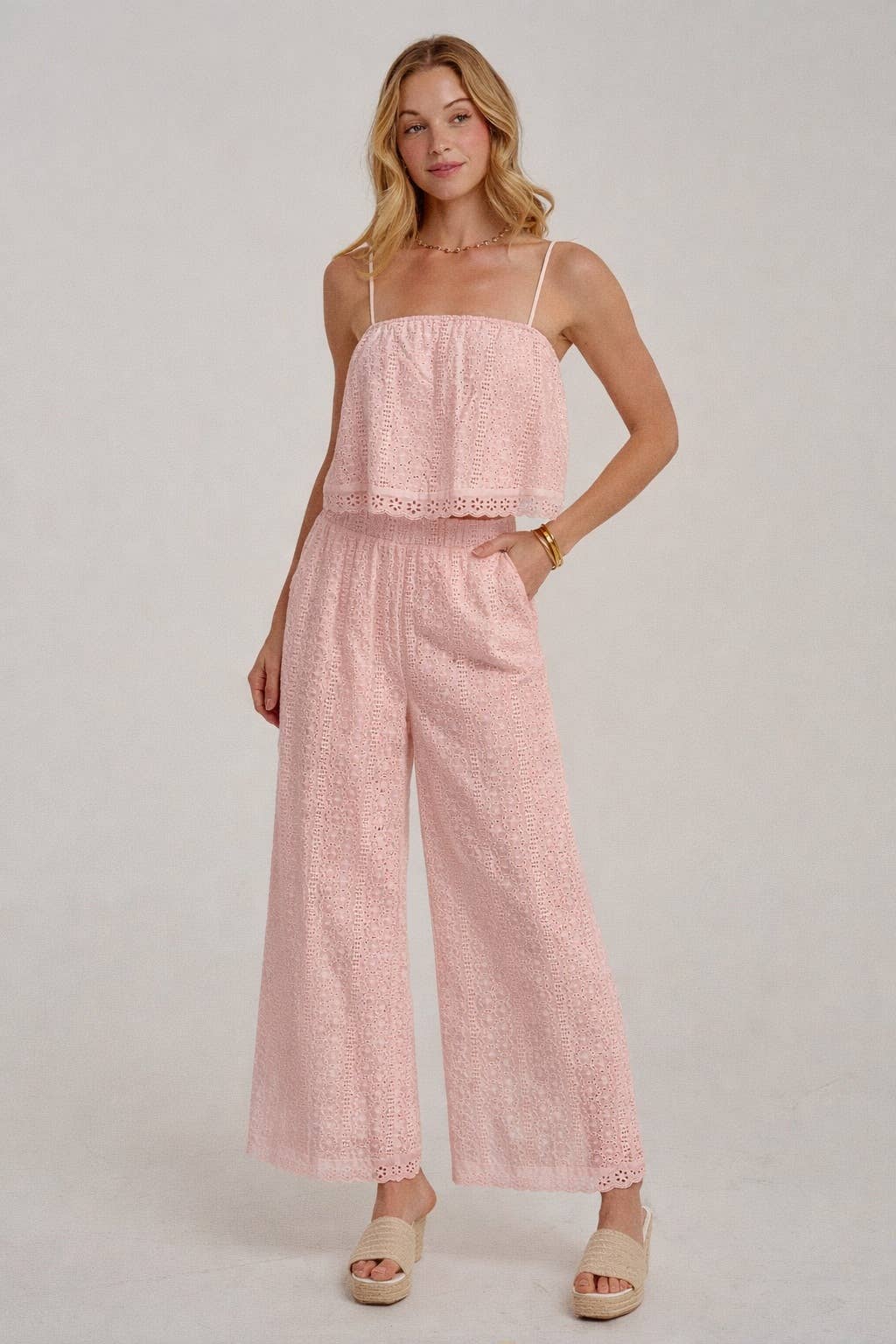 BON - EYELET LACE CROPPED CAMI TOP AND WIDE LEG PANTS SUMMER SET